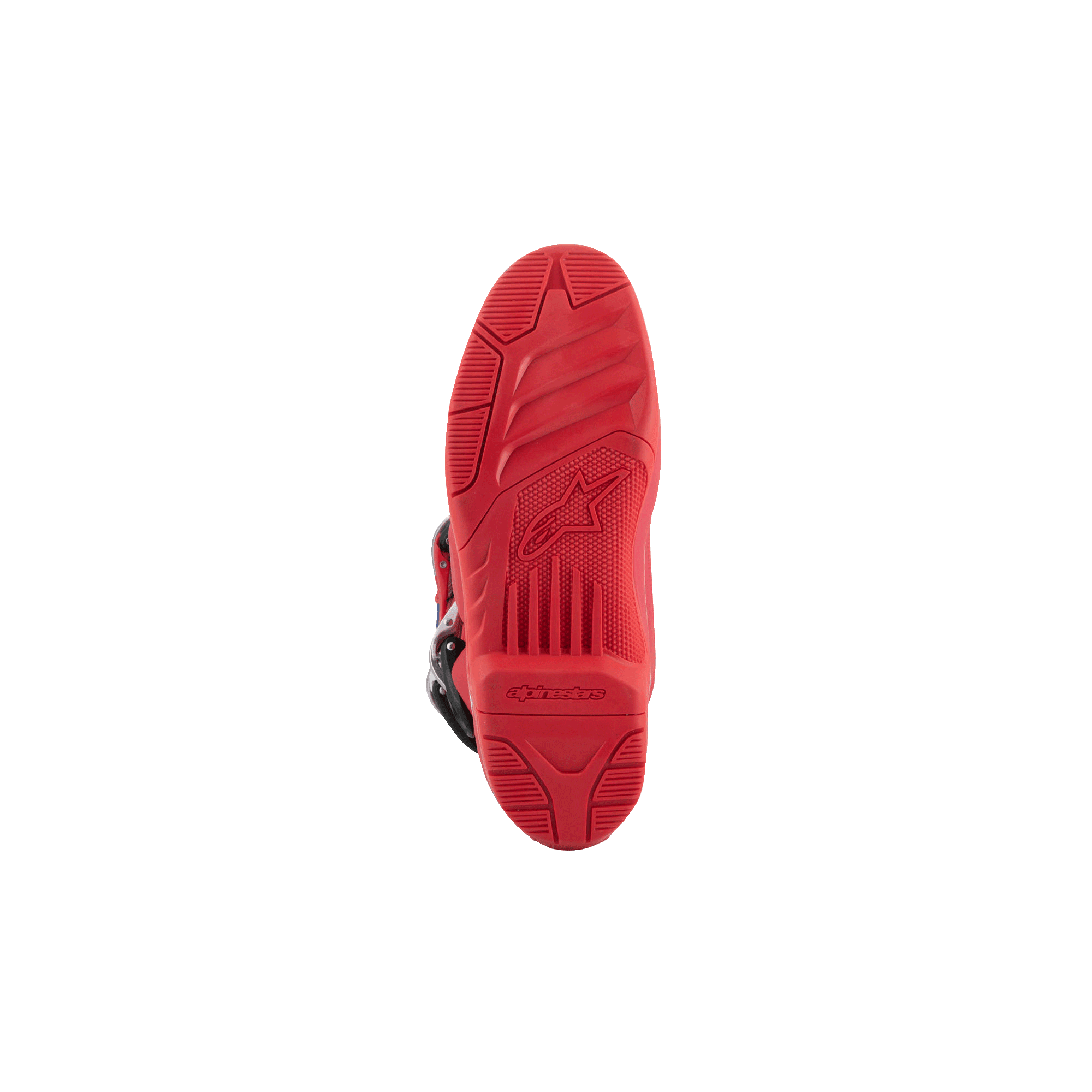 Botas Alpinestars Tech 5, botas de motocross, vista inferior que muestra la suela en Rojo Brillante, patrón de banda de rodadura de doble compuesto texturizado con logotipo y marca Alpinestars en relieve, diseñadas para un rendimiento off-road