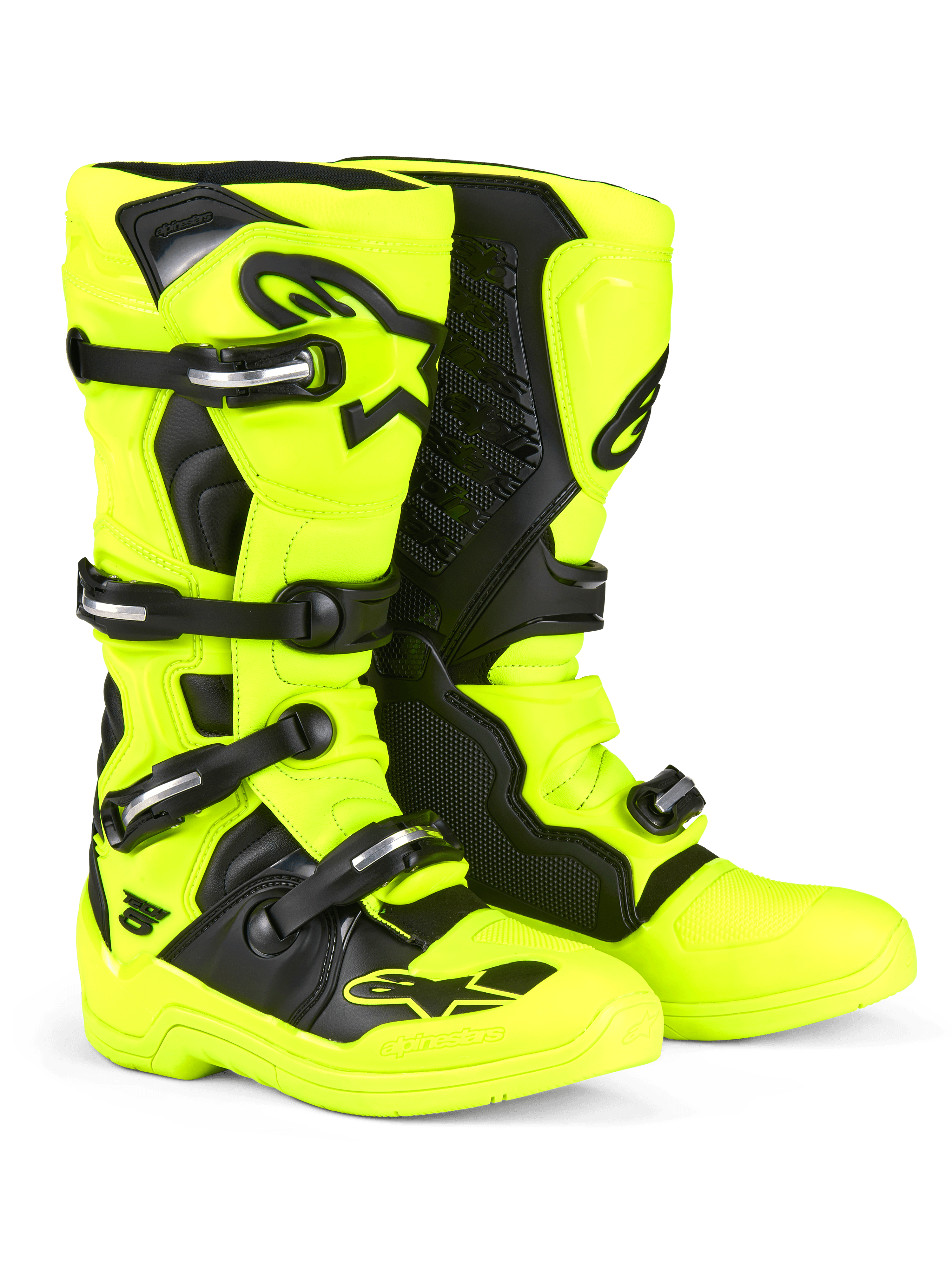 Alpinestars Tech 5 Boots, Motocross Boots, Yellow Fluo and Black, featuring a multi-buckle closure system with silver hardware, black protective panels, and prominent Alpinestars logos on the shin and toe, designed for off-road performance.