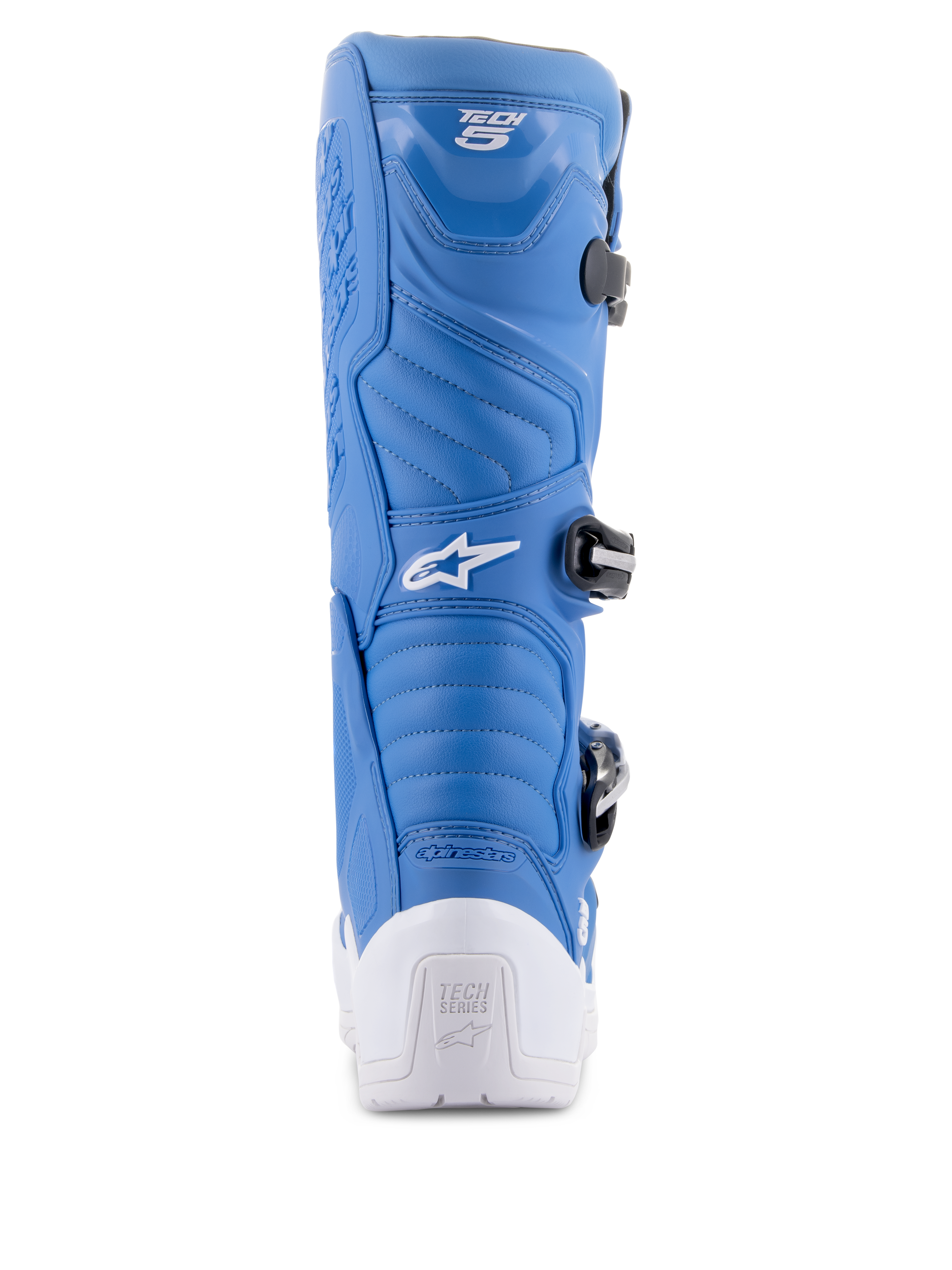 Alpinestars Tech 5 Boots, Blue and White, rear view showing the white protective heel with Tech Series logo, blue microfiber upper with accordion flex zones, and black buckle system, performance motocross footwear