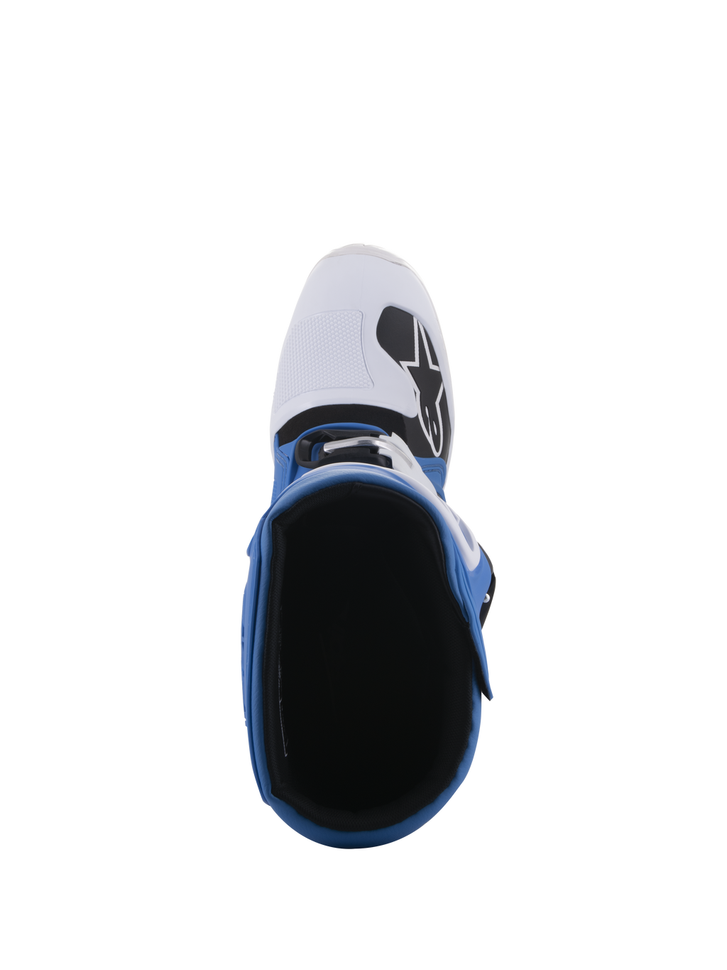 Alpinestars Tech 5 Boots, Blue and White, top-down perspective showing the interior lining and white toe box with black logo, multi-panel construction for off-road and motocross racing