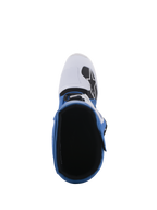 Alpinestars Tech 5 Boots, Blue and White, top-down perspective showing the interior lining and white toe box with black logo, multi-panel construction for off-road and motocross racing