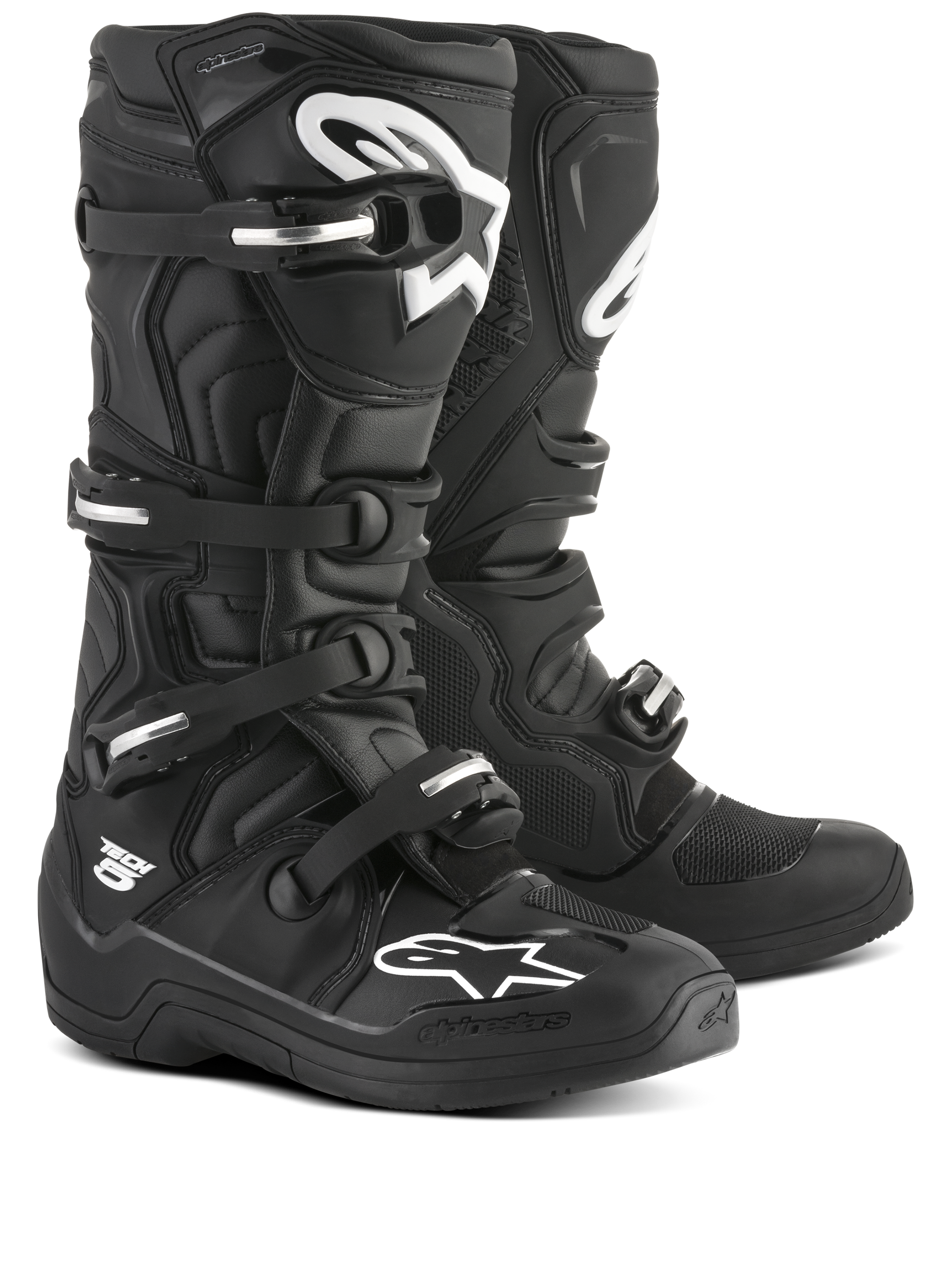 Alpinestars botas Tech 5, botas de motocross negras y blancas, con sistema de hebillas de aluminio y certificación CE.