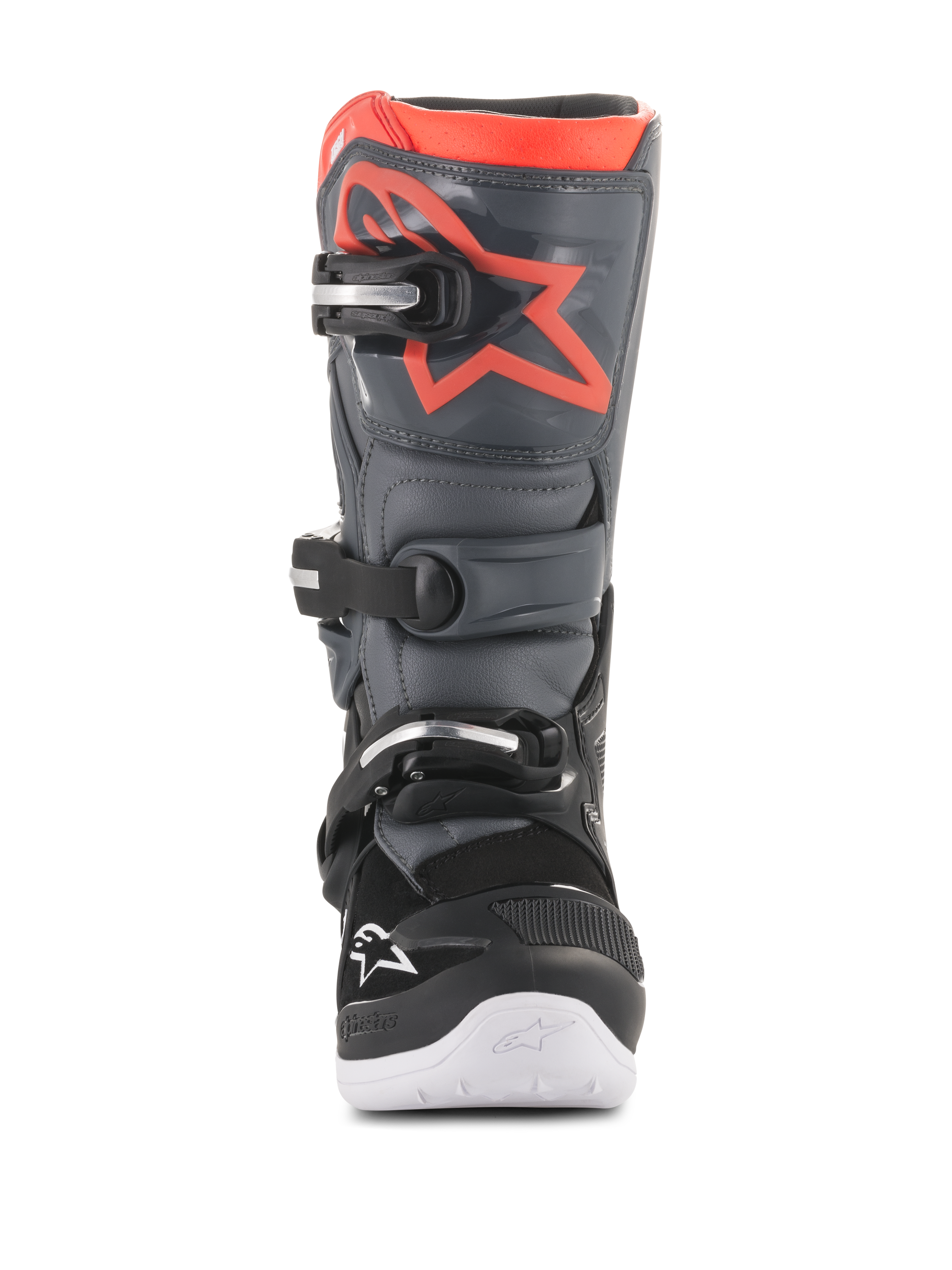Alpinestars Youth Tech 7S Boots, Motocross Boots, Black and Dark Gray with Fluorescent Red accents, front view, featuring TPU shin plate with red star logo, three buckle closure system, and white integrated sole, durable off-road protective gear