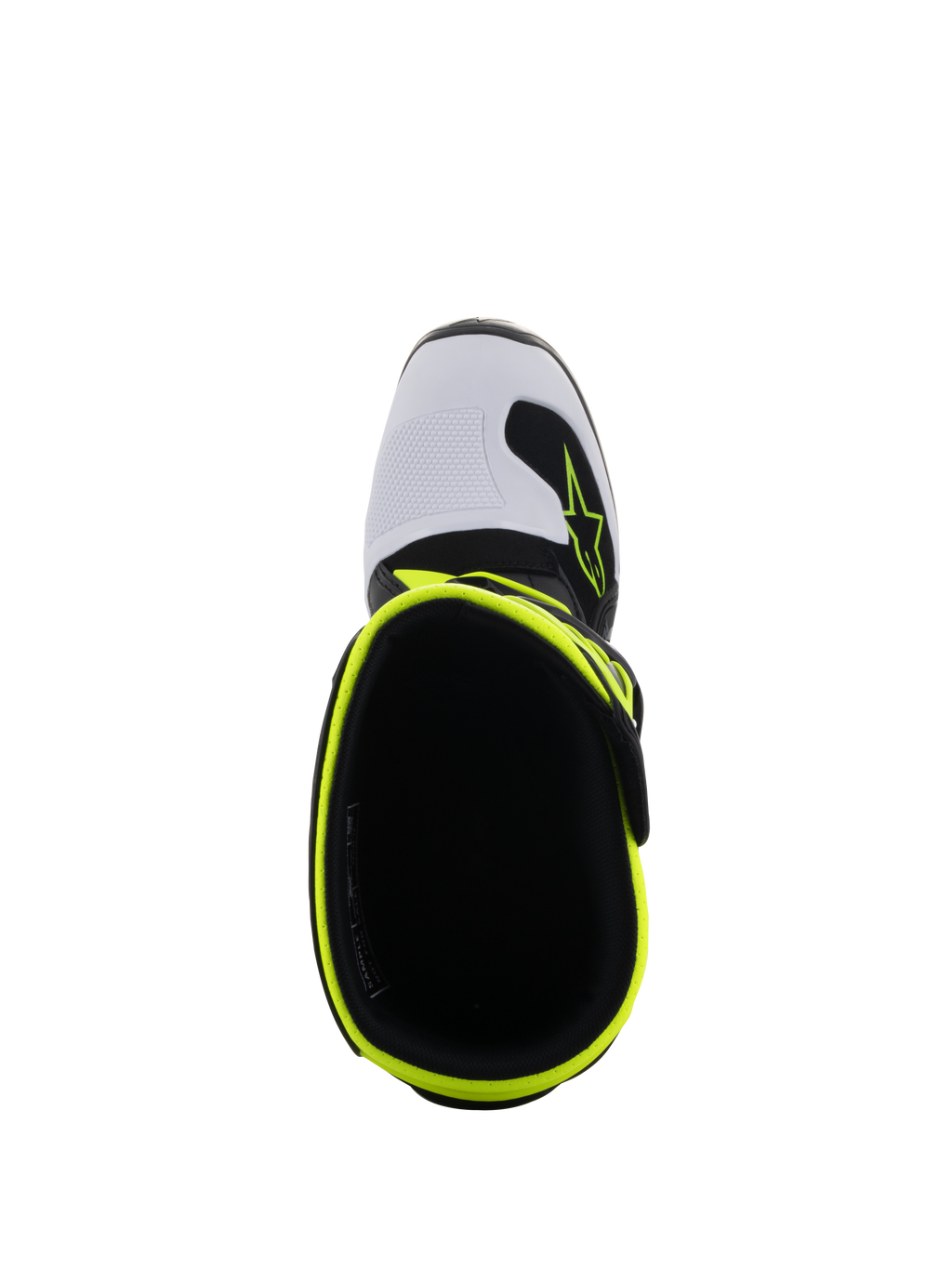 Alpinestars Youth Tech 7S Boots, Motocross Boots, Black White and Yellow Fluo, top-down view showing the interior opening and fluorescent yellow rim, white toe box with Alpinestars logo, high-performance youth protective footwear