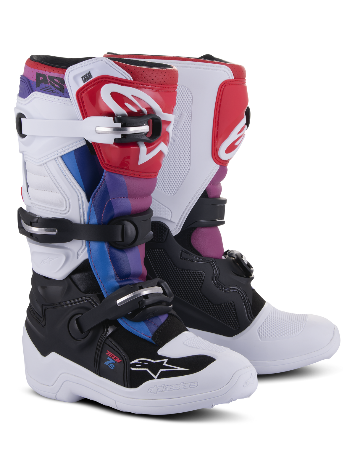Botas Alpinestars Youth Tech 7S, botas de motocross juveniles, White Black Rainbow, con una base blanca y negra y detalles en rojo, azul y púrpura, sistema de cierre de múltiples hebillas y placa de espinilla protectora para carreras todoterreno