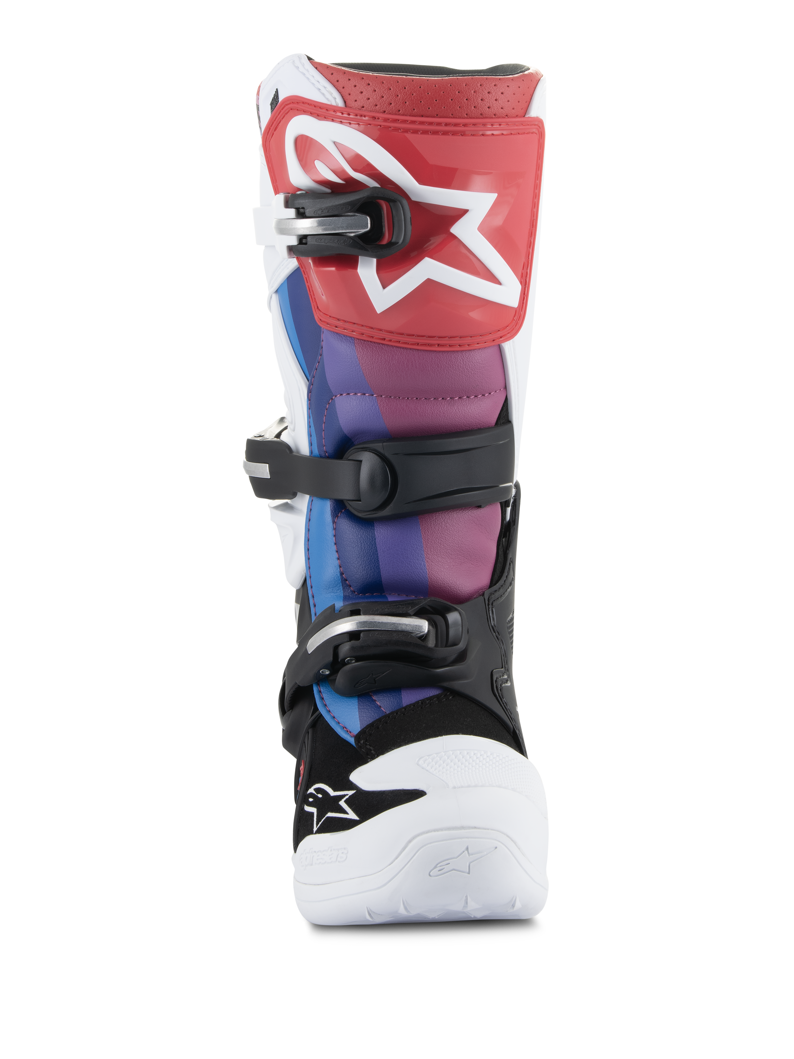 Alpinestars Youth Tech 7S Boots, Motocross Boots, White Black Rainbow, front view featuring a red shin plate with white star logo, blue and purple panels, black buckle system, and white toe, durable off-road racing footwear