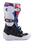 Alpinestars Youth Tech 7S Boots, Motocross Boots for Young Riders, White and Black with Red Blue and Purple accents, featuring a triple buckle closure system, protective TPU panels, and a durable thick white sole