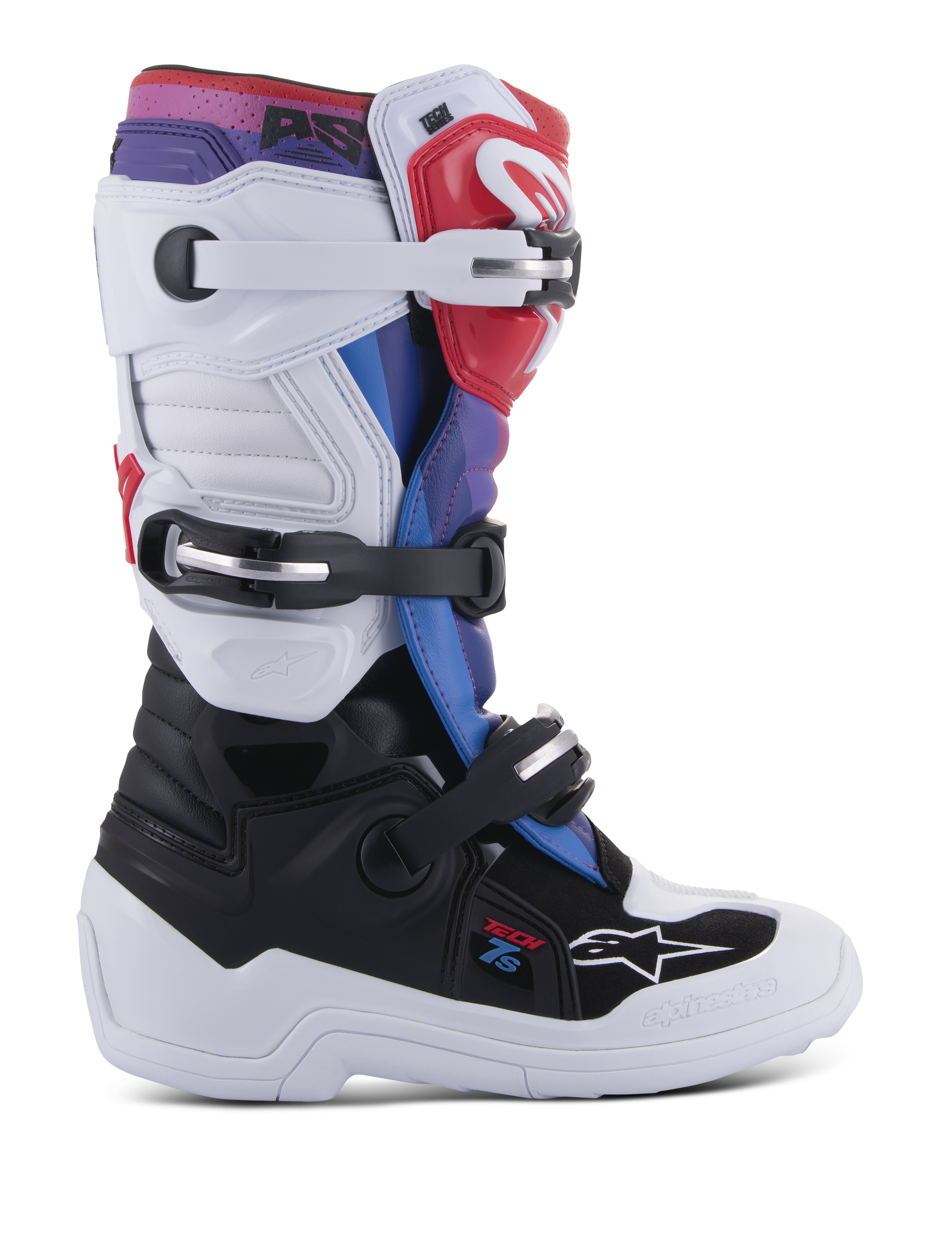 Alpinestars Youth Tech 7S, botas de motocross para jóvenes, blancas y negras con detalles en rojo, azul y morado, con sistema de cierre de triple hebilla, paneles protectores de TPU y suela blanca gruesa y duradera