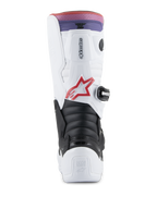 Alpinestars Youth Tech 7S Boots, Motocross Boots, White, Black, and Rainbow, rear view showing heel and calf protection, black accordion flex zone, red star logo, and a pink and purple gradient top band