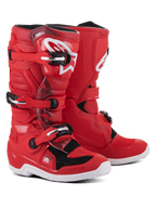 Botas Alpinestars Youth Tech 7S, botas de motocross rojas con detalles en blanco y negro para jóvenes, con un sistema de cierre de tres hebillas, logotipo blanco de Alpinestars en la espinilla y suela blanca resistente