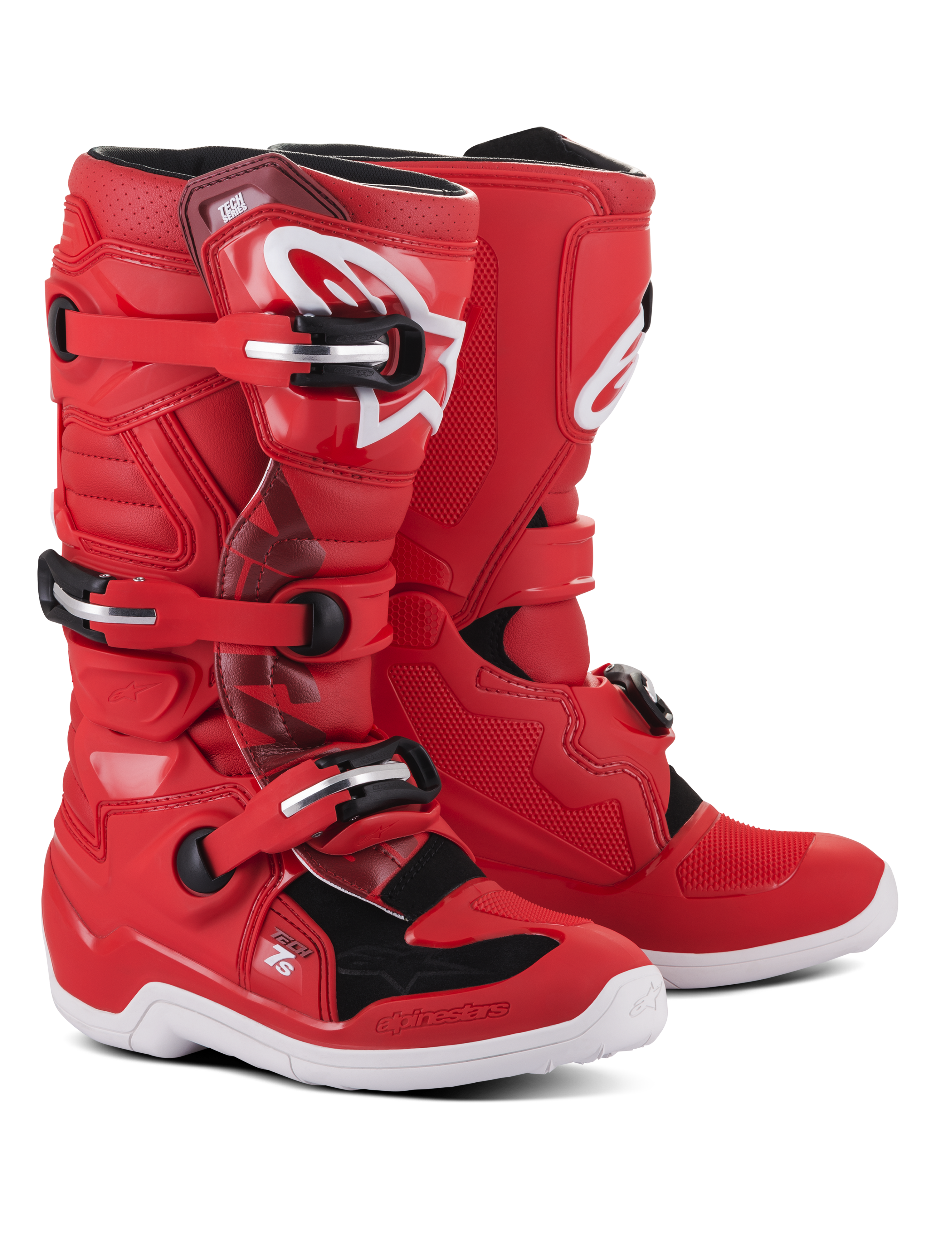 Botas Alpinestars Youth Tech 7S, botas de motocross rojas con detalles en blanco y negro para jóvenes, con un sistema de cierre de tres hebillas, logotipo blanco de Alpinestars en la espinilla y suela blanca resistente