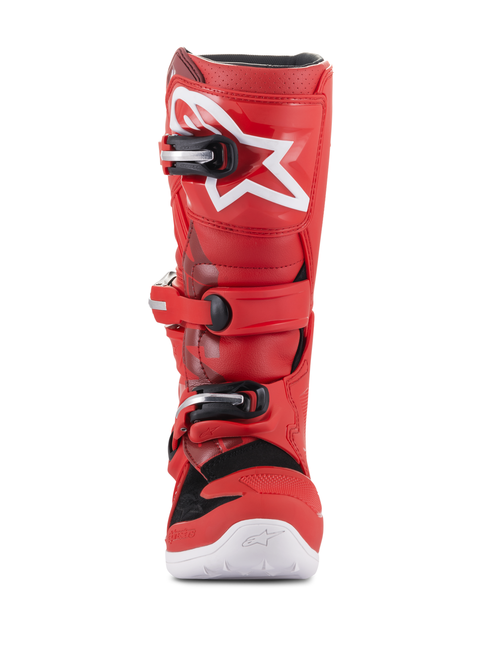 Botas Alpinestars Youth Tech 7S, botas de motocross para jóvenes, rojas, con logotipo de estrella blanca en la espinilla, sistema de hebillas en negro y plata, suela blanca, construcción duradera para conducción todoterreno, vista frontal
