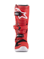 Botas Alpinestars Youth Tech 7S, botas de motocross para jóvenes, rojas, con logotipo de estrella blanca en la espinilla, sistema de hebillas en negro y plata, suela blanca, construcción duradera para conducción todoterreno, vista frontal