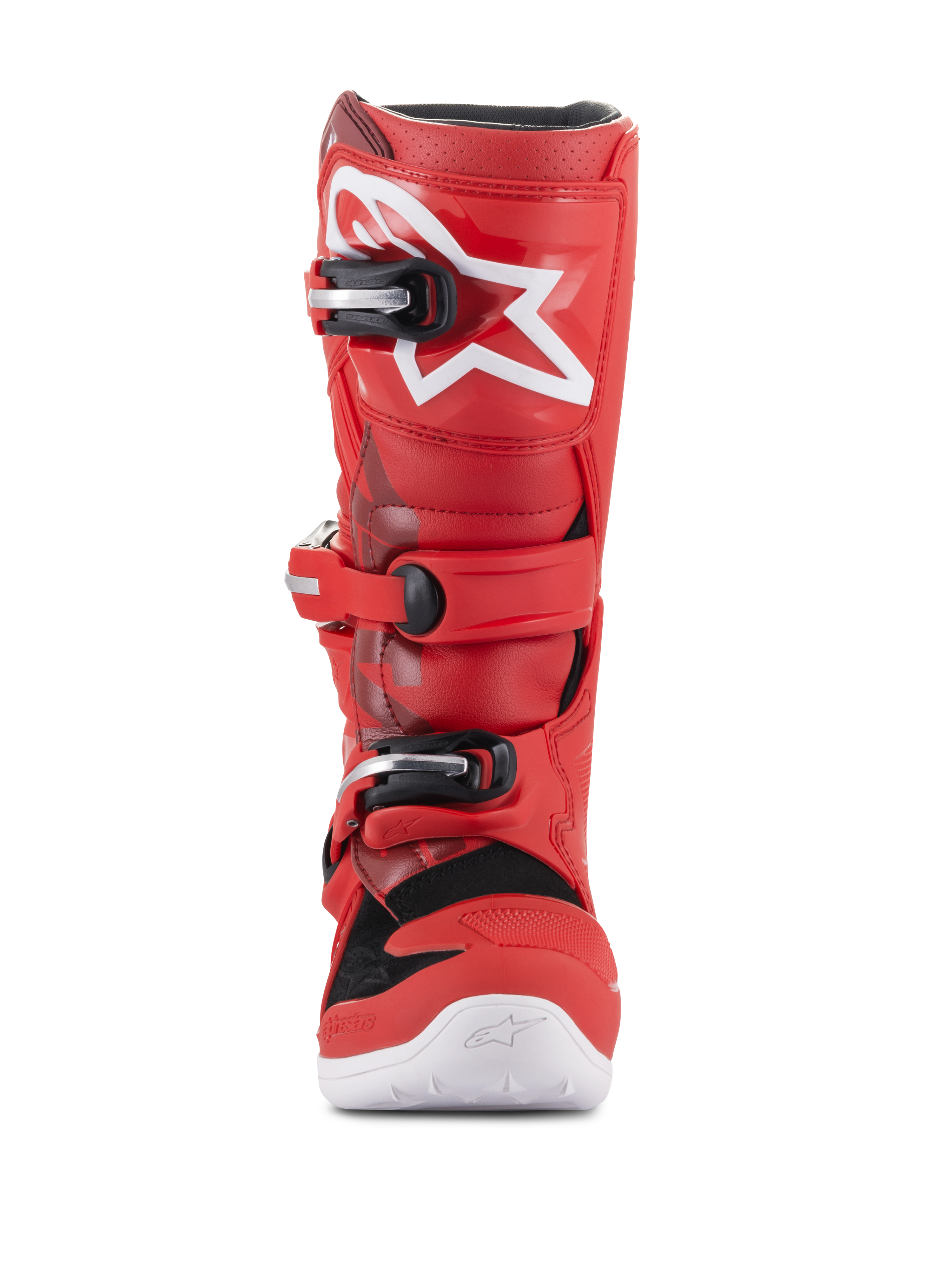 Botas Alpinestars Youth Tech 7S, botas de motocross para jóvenes, rojas, con logotipo de estrella blanca en la espinilla, sistema de hebillas en negro y plata, suela blanca, construcción duradera para conducción todoterreno, vista frontal
