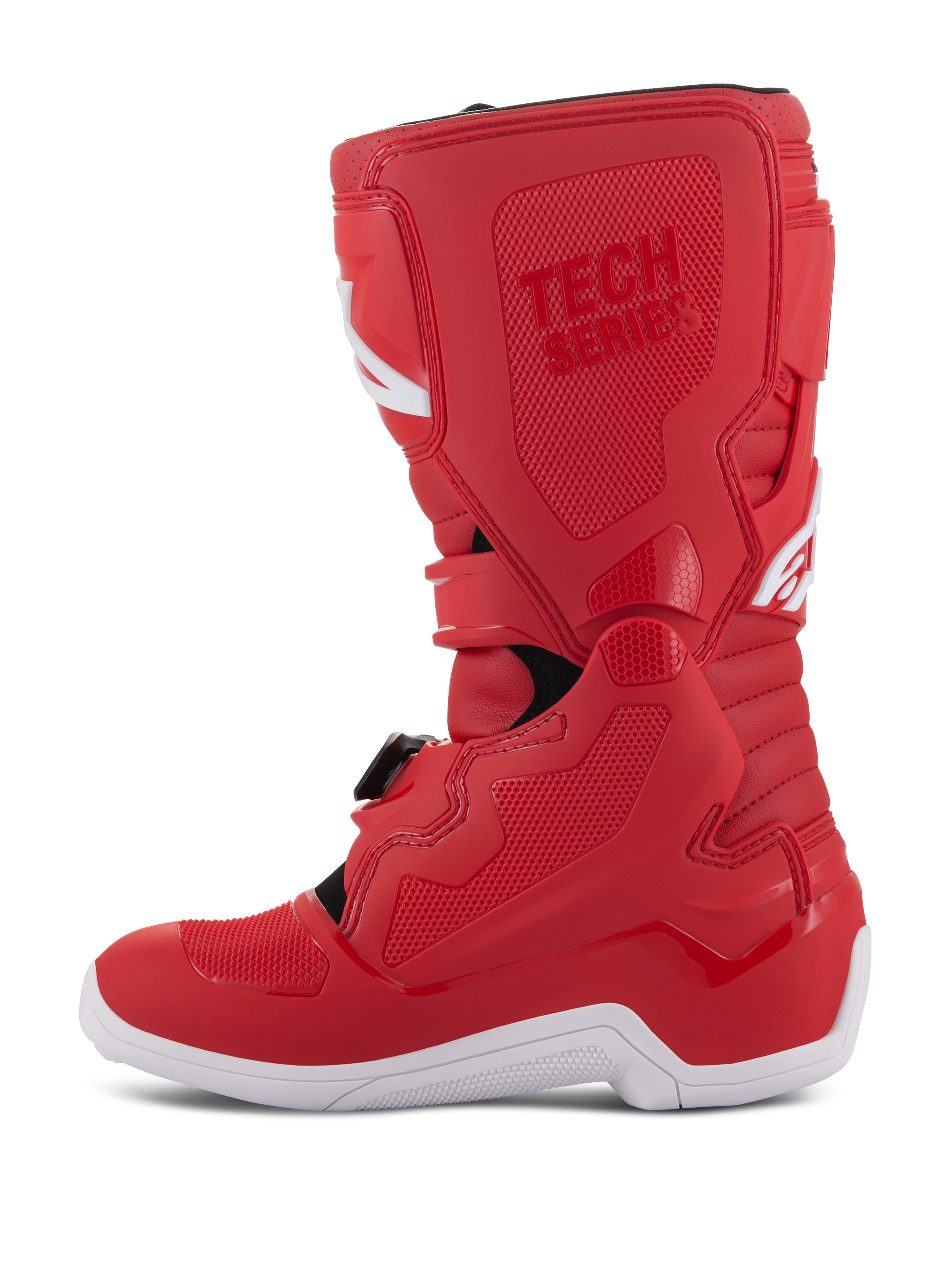 Botas Alpinestars Youth Tech 7S, botas de motocross para jóvenes, color rojo con suela blanca, paneles reforzados de TPU, múltiples cierres de hebilla y marca 'TECH SERIES', diseñadas para pilotos junior de off-road