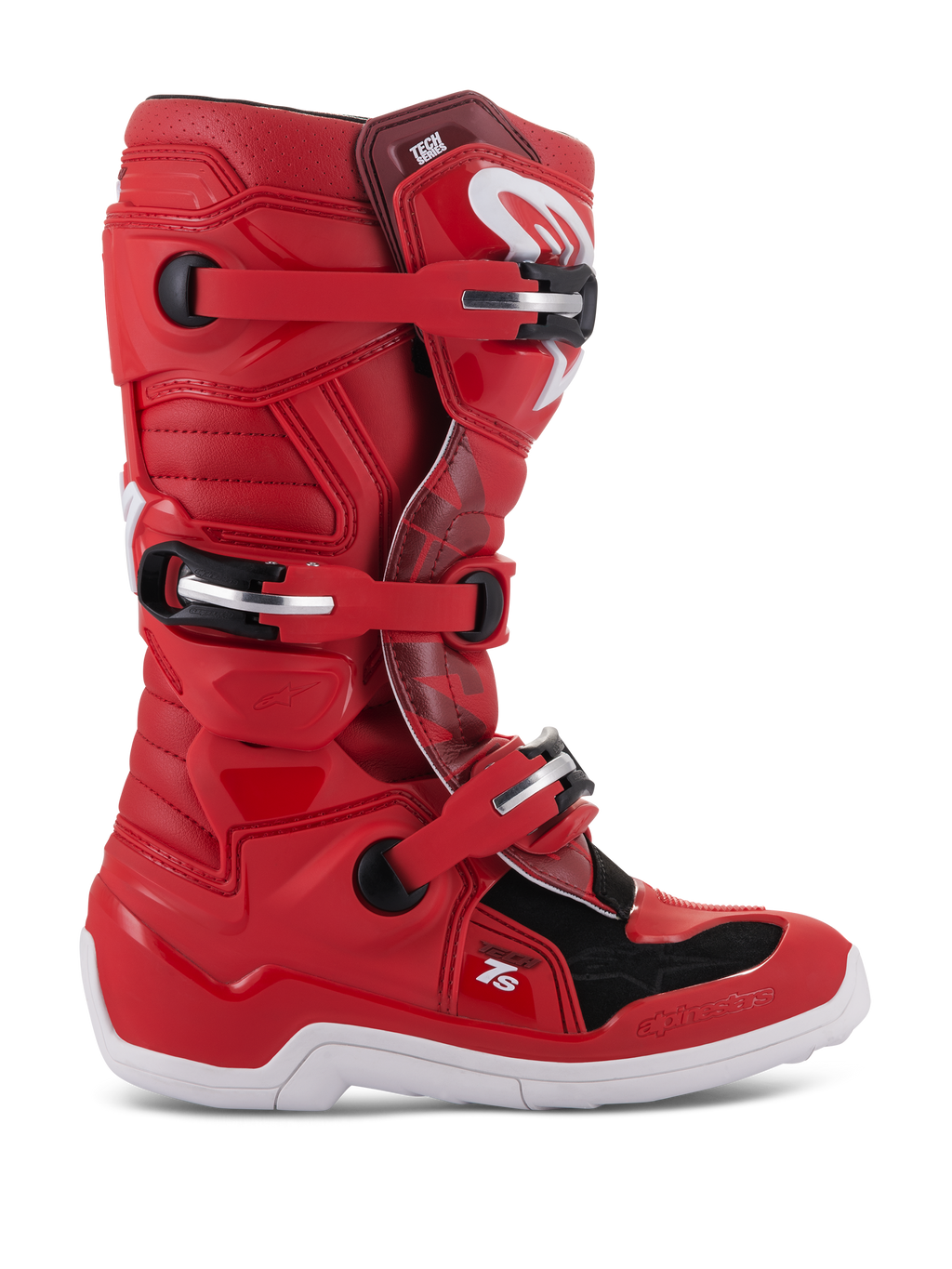Alpinestars Youth Tech 7S Boots, botas de motocross off-road, rojas con detalles en negro y blanco, sistema de cierre de múltiples hebillas, paneles de protección texturizados, suela blanca y estructura reforzada para pilotos jóvenes.