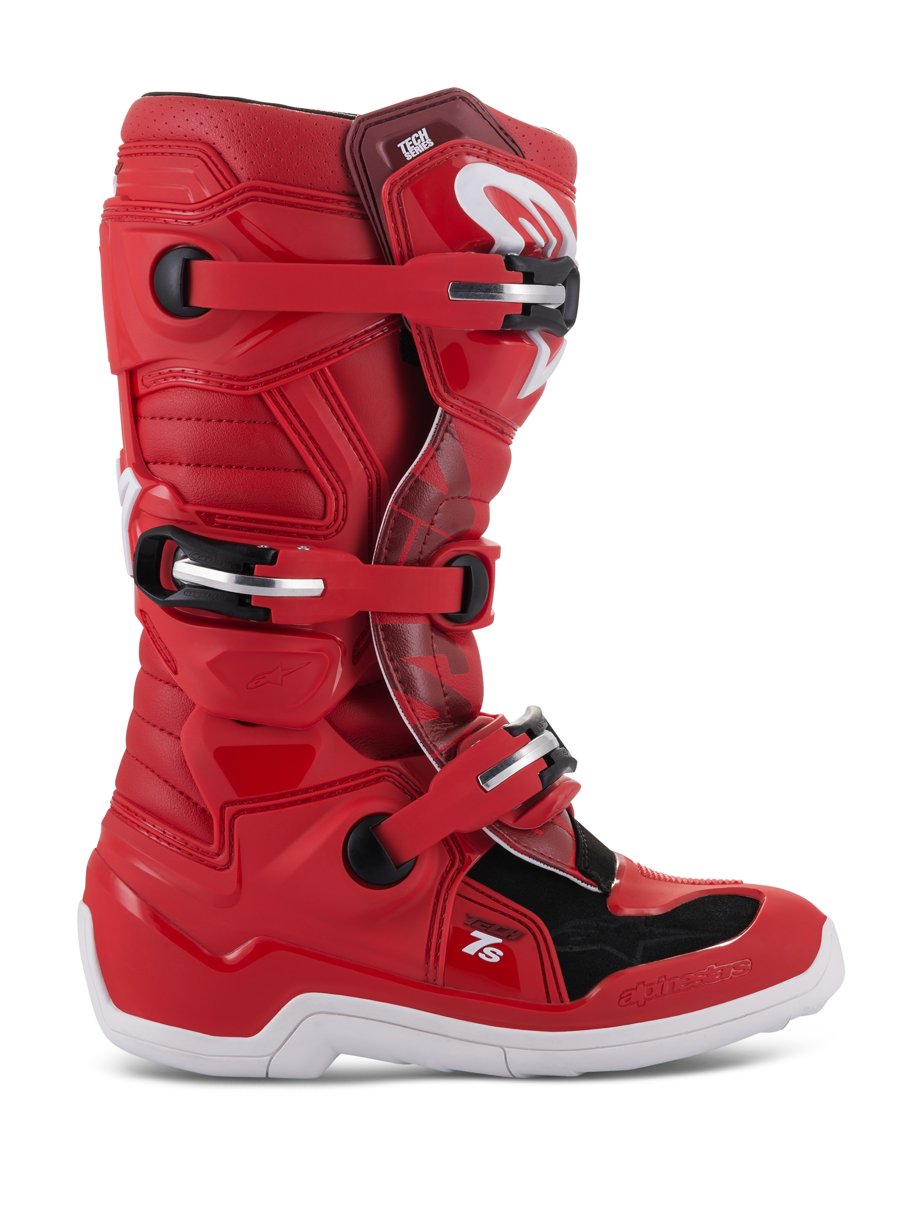Alpinestars Youth Tech 7S Boots, botas de motocross off-road, rojas con detalles en negro y blanco, sistema de cierre de múltiples hebillas, paneles de protección texturizados, suela blanca y estructura reforzada para pilotos jóvenes.