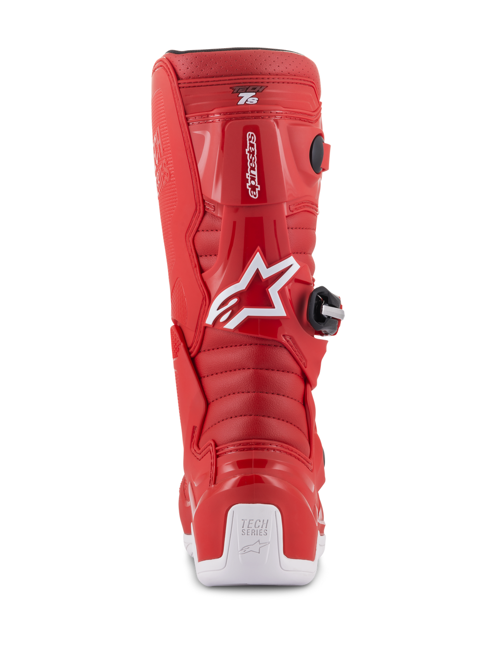 Botas Alpinestars Youth Tech 7S, botas de motocross rojas, vista trasera con logotipo de Alpinestars en blanco y protector de talón, zonas de flexión acanaladas, construcción protectora de TPU para carreras todoterreno juveniles