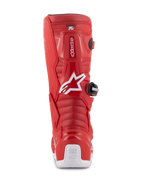Botas Alpinestars Youth Tech 7S, botas de motocross rojas, vista trasera con logotipo de Alpinestars en blanco y protector de talón, zonas de flexión acanaladas, construcción protectora de TPU para carreras todoterreno juveniles