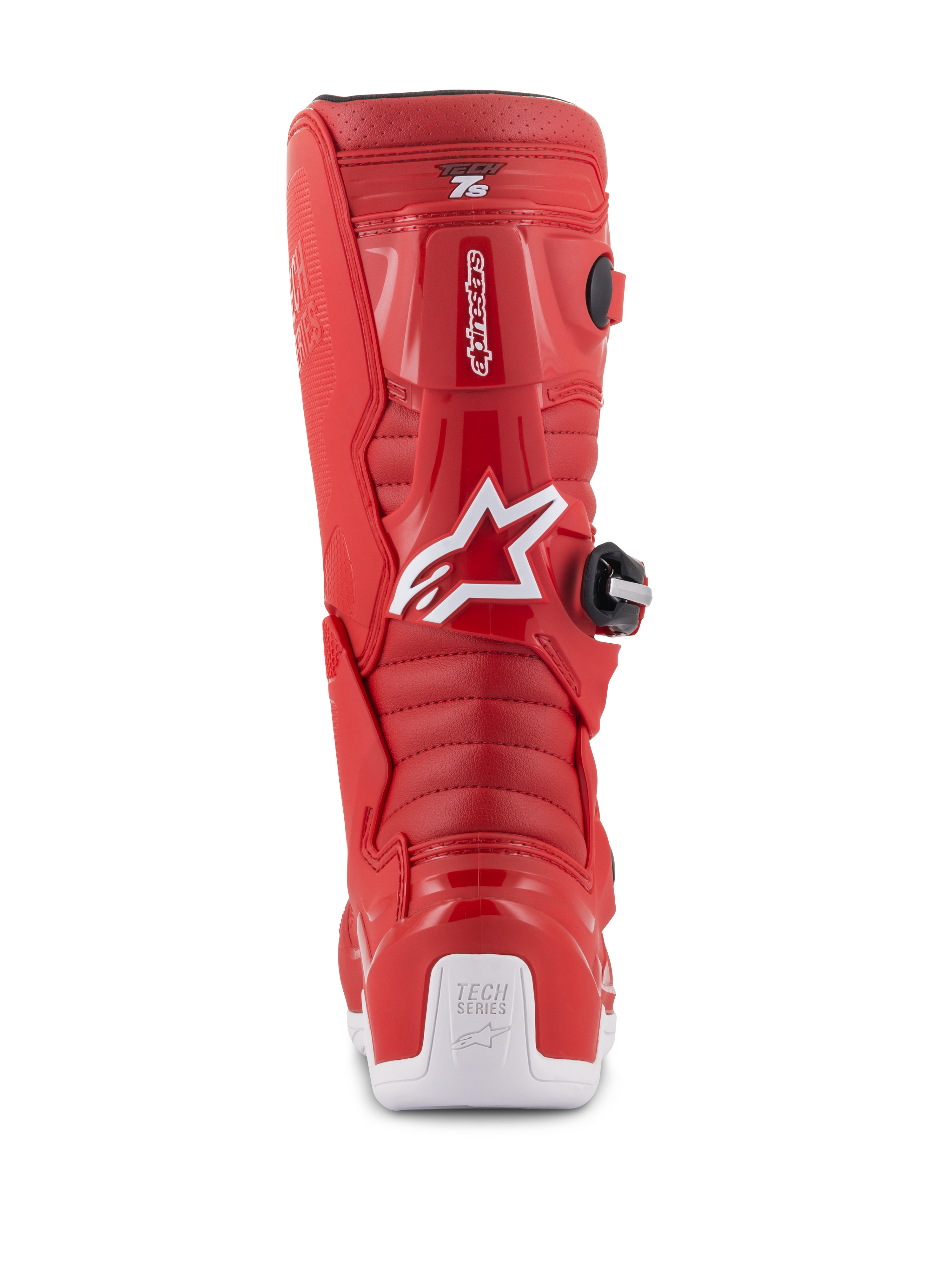 Botas Alpinestars Youth Tech 7S, botas de motocross rojas, vista trasera con logotipo de Alpinestars en blanco y protector de talón, zonas de flexión acanaladas, construcción protectora de TPU para carreras todoterreno juveniles