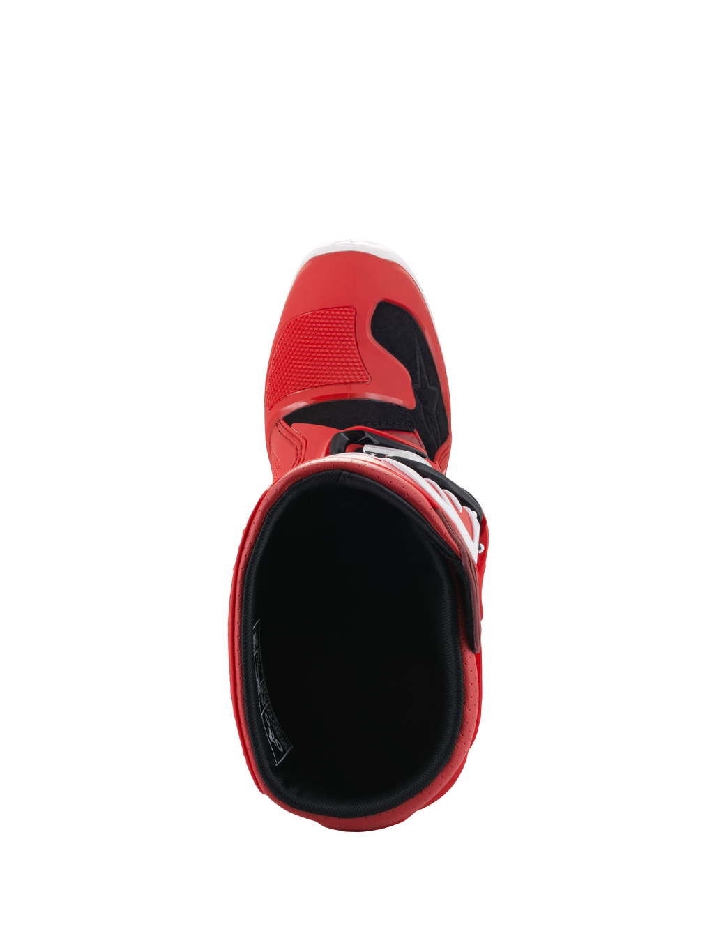 Botas Alpinestars Youth Tech 7S, botas de motocross, rojas, vista superior que muestra el forro interior y la apertura, carcasa exterior roja con detalles en blanco y negro, diseñadas para pilotos junior de off-road