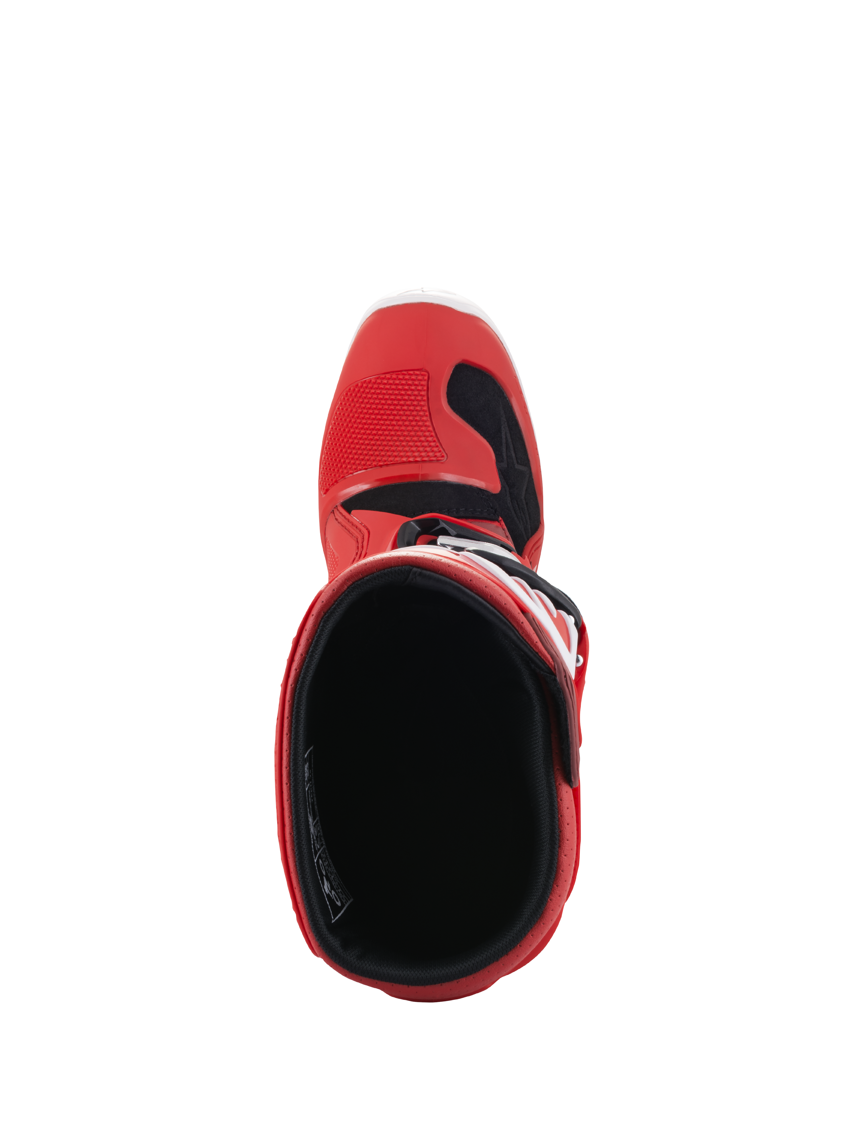 Botas Alpinestars Youth Tech 7S, botas de motocross, rojas, vista superior que muestra el forro interior y la apertura, carcasa exterior roja con detalles en blanco y negro, diseñadas para pilotos junior de off-road