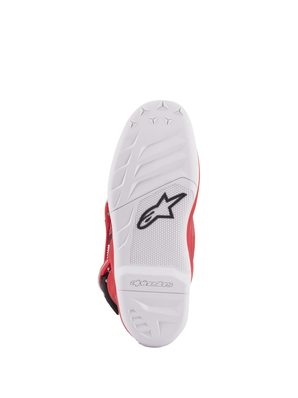 Botas Alpinestars Youth Tech 7S, vista de la suela, suela de compuesto blanco con logotipo de estrella negro, patrón de goma de alto agarre para una durabilidad y tacto superiores, marca Alpinestars grabada en relieve en el talón