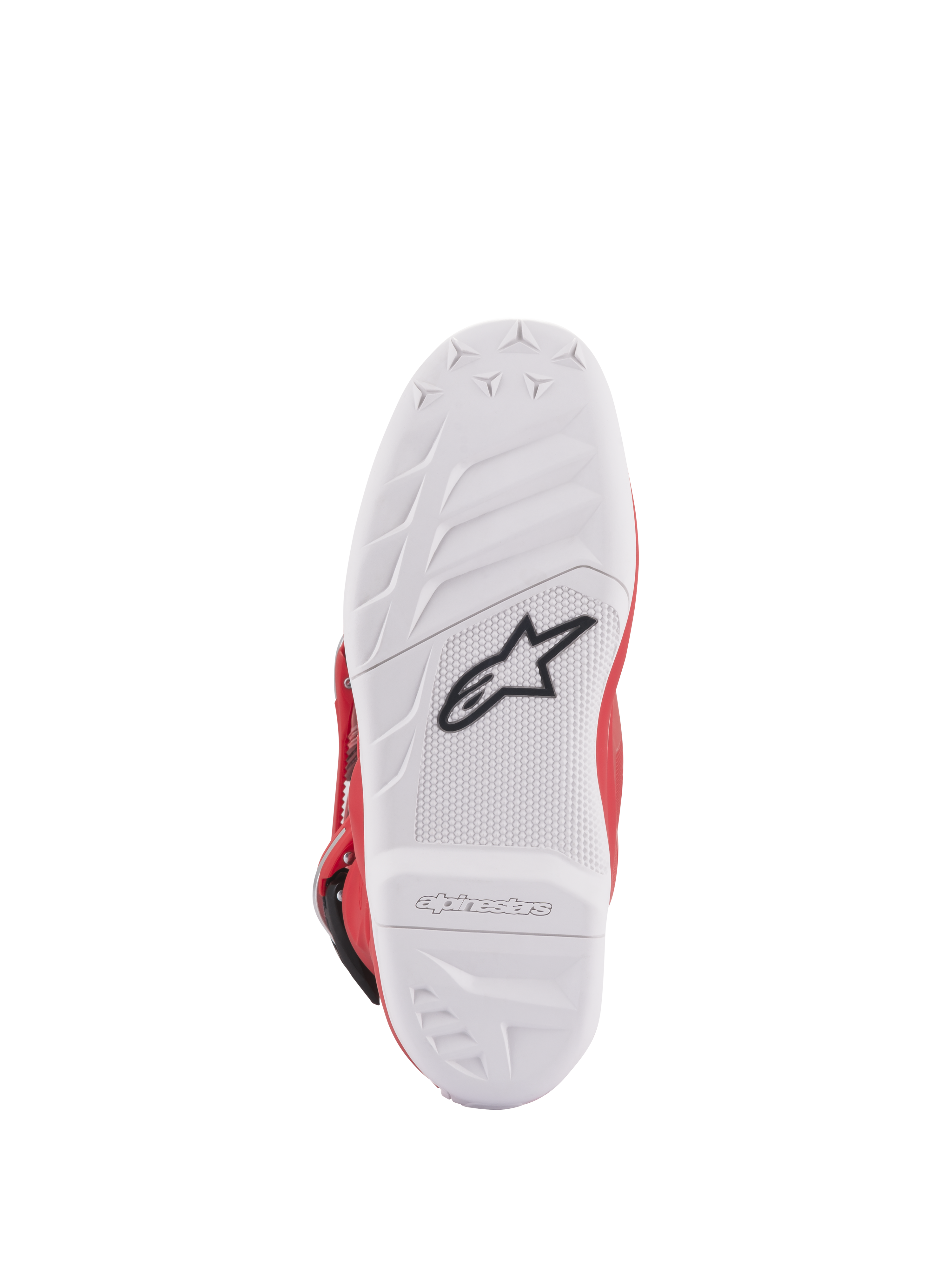 Botas Alpinestars Youth Tech 7S, vista de la suela, suela de compuesto blanco con logotipo de estrella negro, patrón de goma de alto agarre para una durabilidad y tacto superiores, marca Alpinestars grabada en relieve en el talón