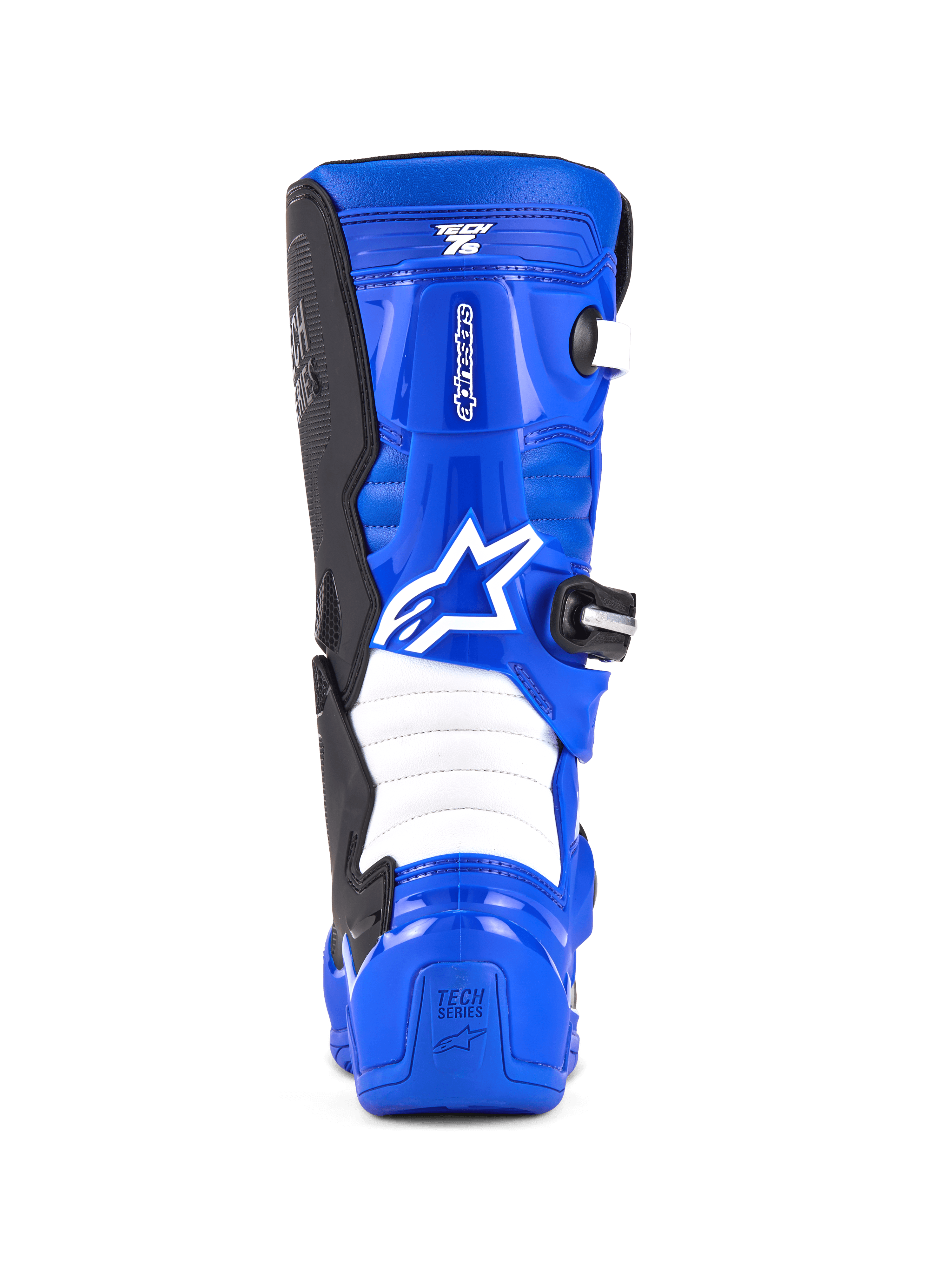 Botas Alpinestars Youth Tech 7 S, botas de motocross, azul, negro y blanco, vista trasera con logotipo de Alpinestars en blanco, carcasa de TPU azul con zonas de flexión tipo acordeón blancas, calzado protector para conducción off-road juvenil