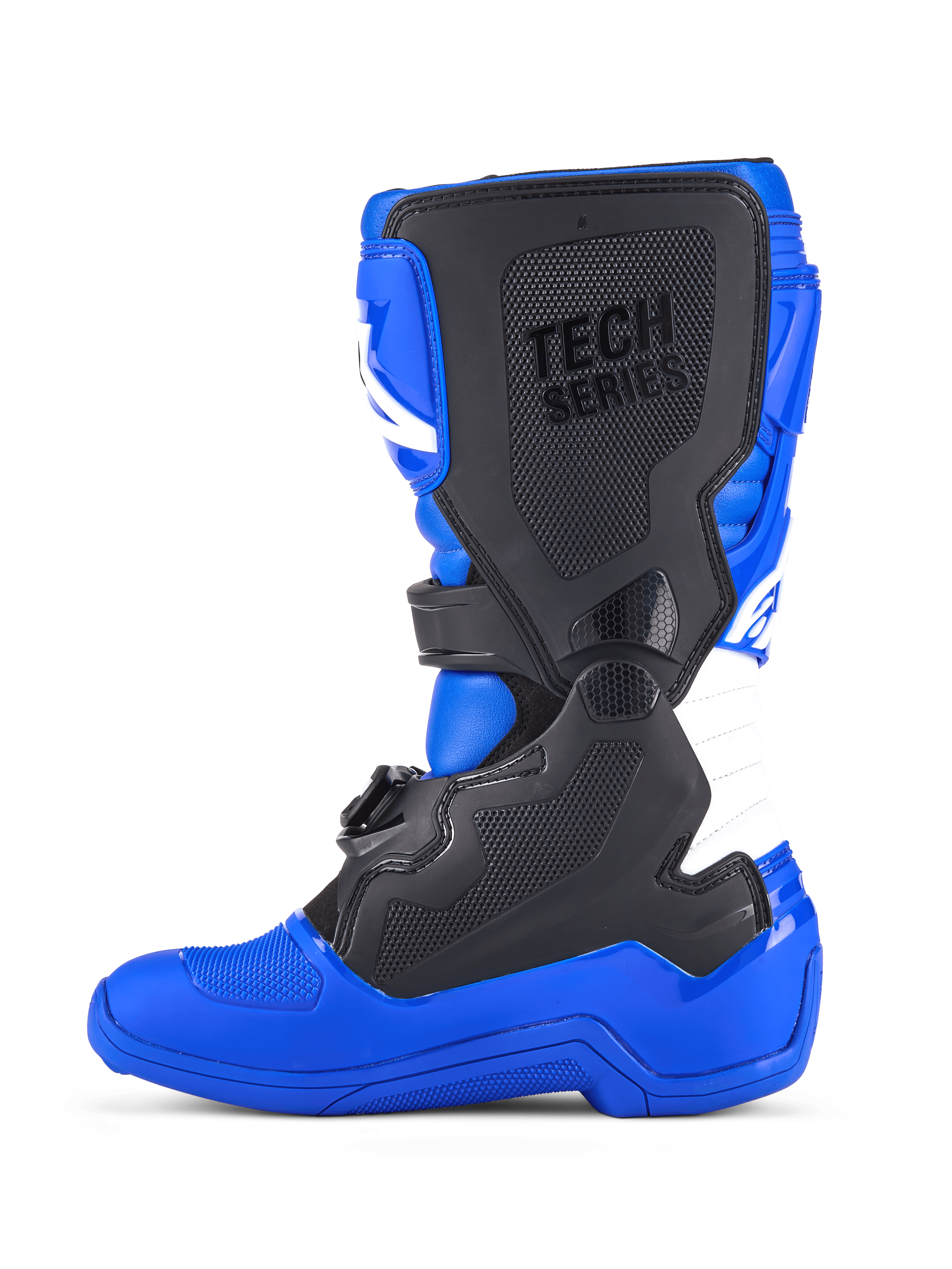 Botas Alpinestars Youth Tech 7 S, botas de motocross, azul, negro y blanco, vista lateral que muestra paneles protectores de TPU negros, marca 'TECH SERIES' en la placa de la espinilla, zona de flexión tipo acordeón blanca y una suela azul duradera diseñada para carreras todoterreno.