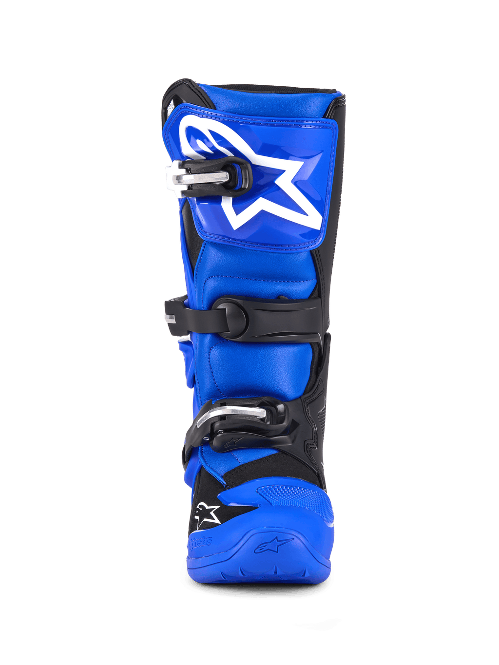 Botas Alpinestars Youth Tech 7 S, botas de motocross, azul, negro y blanco, vista frontal con cierre de triple hebilla, logotipo grande de Alpinestars en blanco en la espinillera, suela azul duradera, equipo de protección de alto rendimiento para jóvenes pilotos