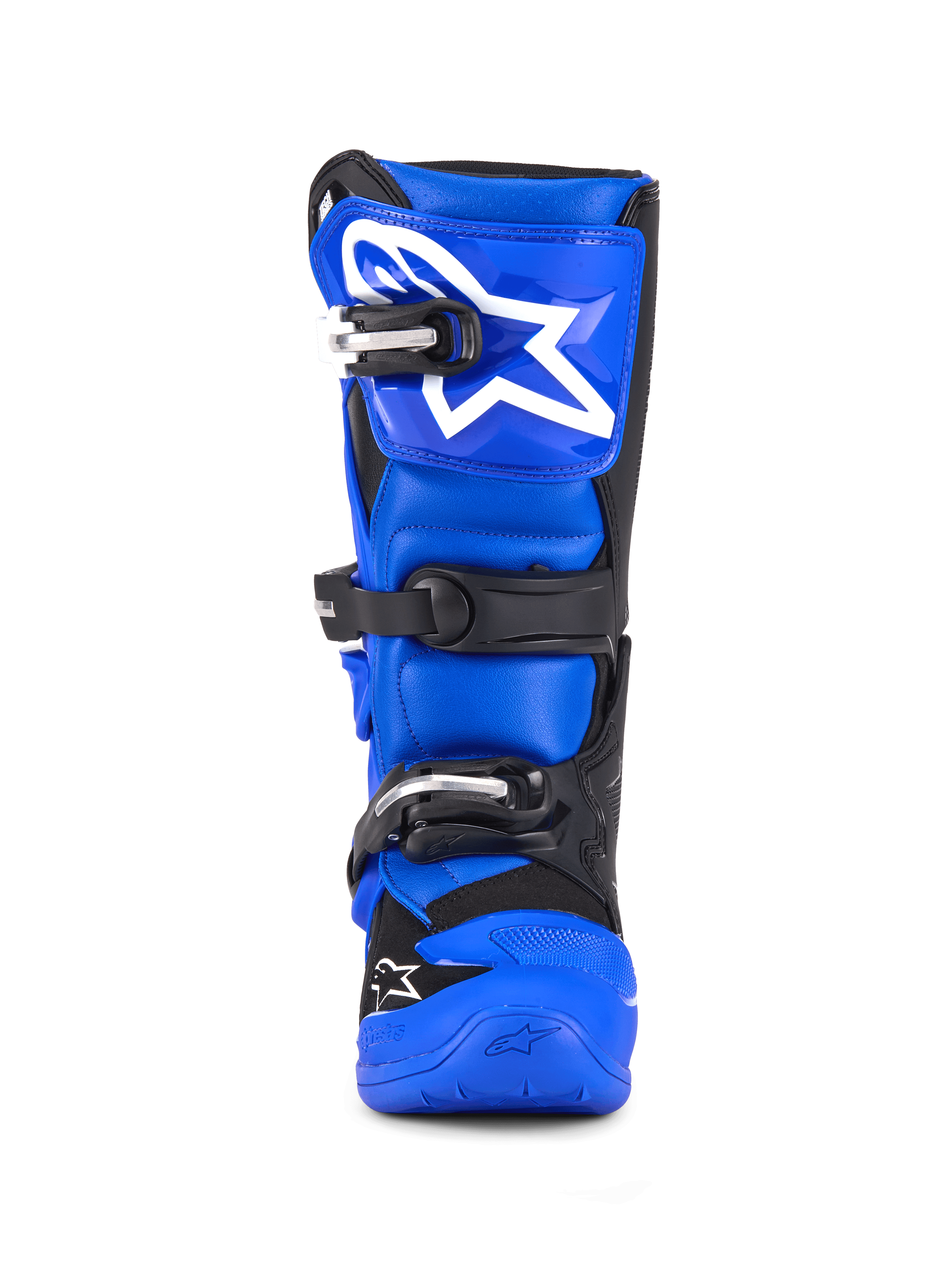 Botas Alpinestars Youth Tech 7 S, botas de motocross, azul, negro y blanco, vista frontal con cierre de triple hebilla, logotipo grande de Alpinestars en blanco en la espinillera, suela azul duradera, equipo de protección de alto rendimiento para jóvenes pilotos