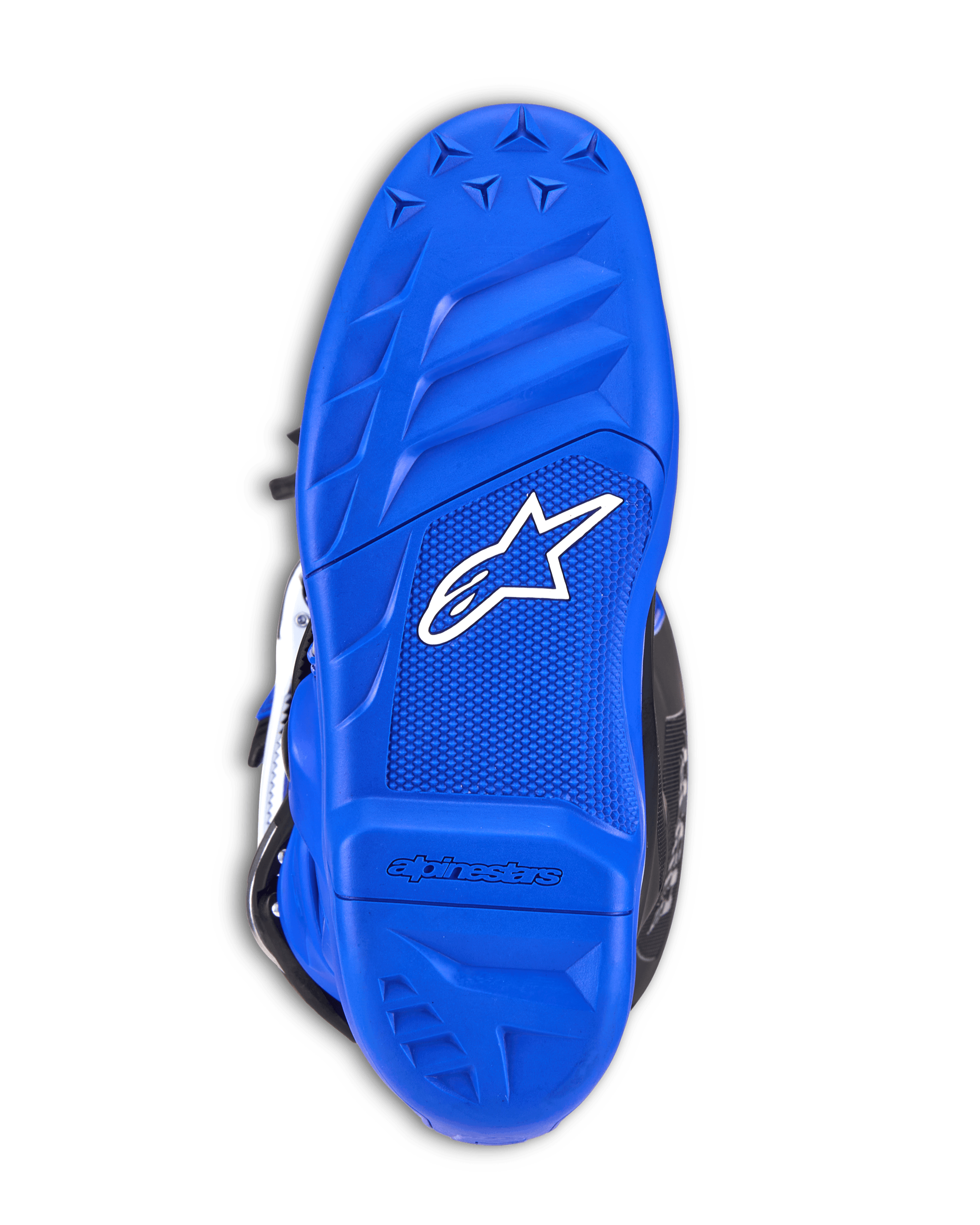 Botas Alpinestars Youth Tech 7 S, botas de motocross, suela azul con logo Alpinestars blanco, patrón de agarre de goma texturizada, suela exterior duradera diseñada para tracción todoterreno y control en el reposapiés