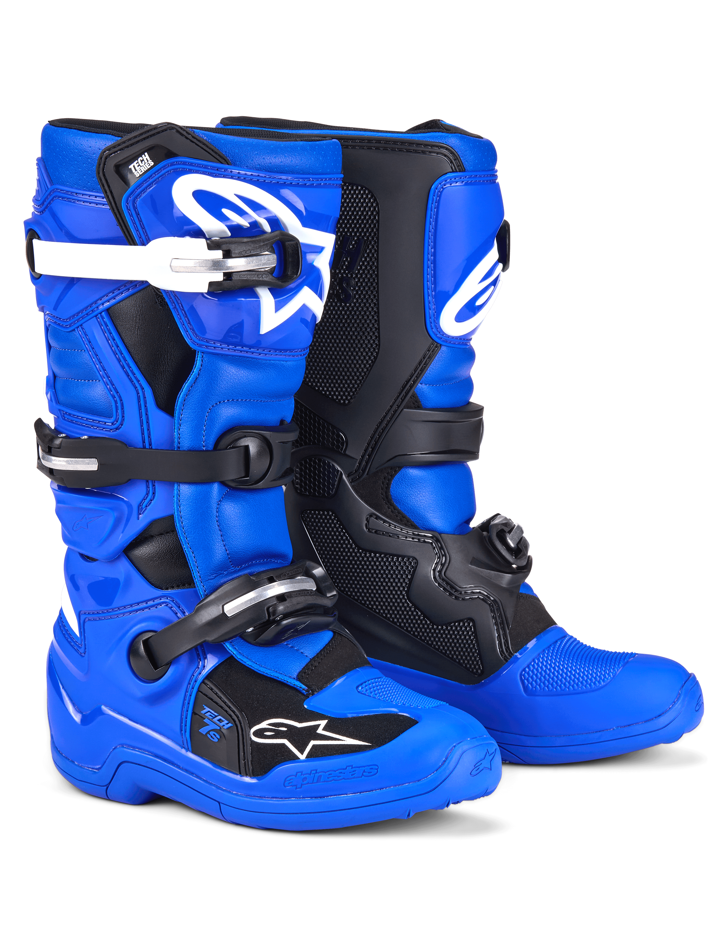 Botas Alpinestars Youth Tech 7 S, botas de motocross, azul, negro y blanco, con una parte superior azul vibrante, paneles protectores negros y detalles de hebillas blancas, sistema de cierre de múltiples correas, diseño duradero de competición para conducción todoterreno
