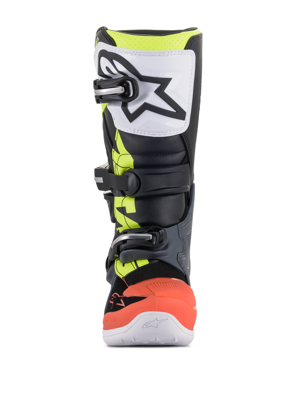 Botas Alpinestars Youth Tech 7S, botas de motocross, gris oscuro, rojo y amarillo fluorescentes con detalles blancos, vista frontal con placa de espinilla de TPU blanca y logo negro, sistema de cierre de triple hebilla y construcción sintética duradera para jóvenes pilotos de off-road