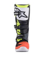 Botas Alpinestars Youth Tech 7S, botas de motocross, gris oscuro, rojo y amarillo fluorescentes con detalles blancos, vista frontal con placa de espinilla de TPU blanca y logo negro, sistema de cierre de triple hebilla y construcción sintética duradera para jóvenes pilotos de off-road