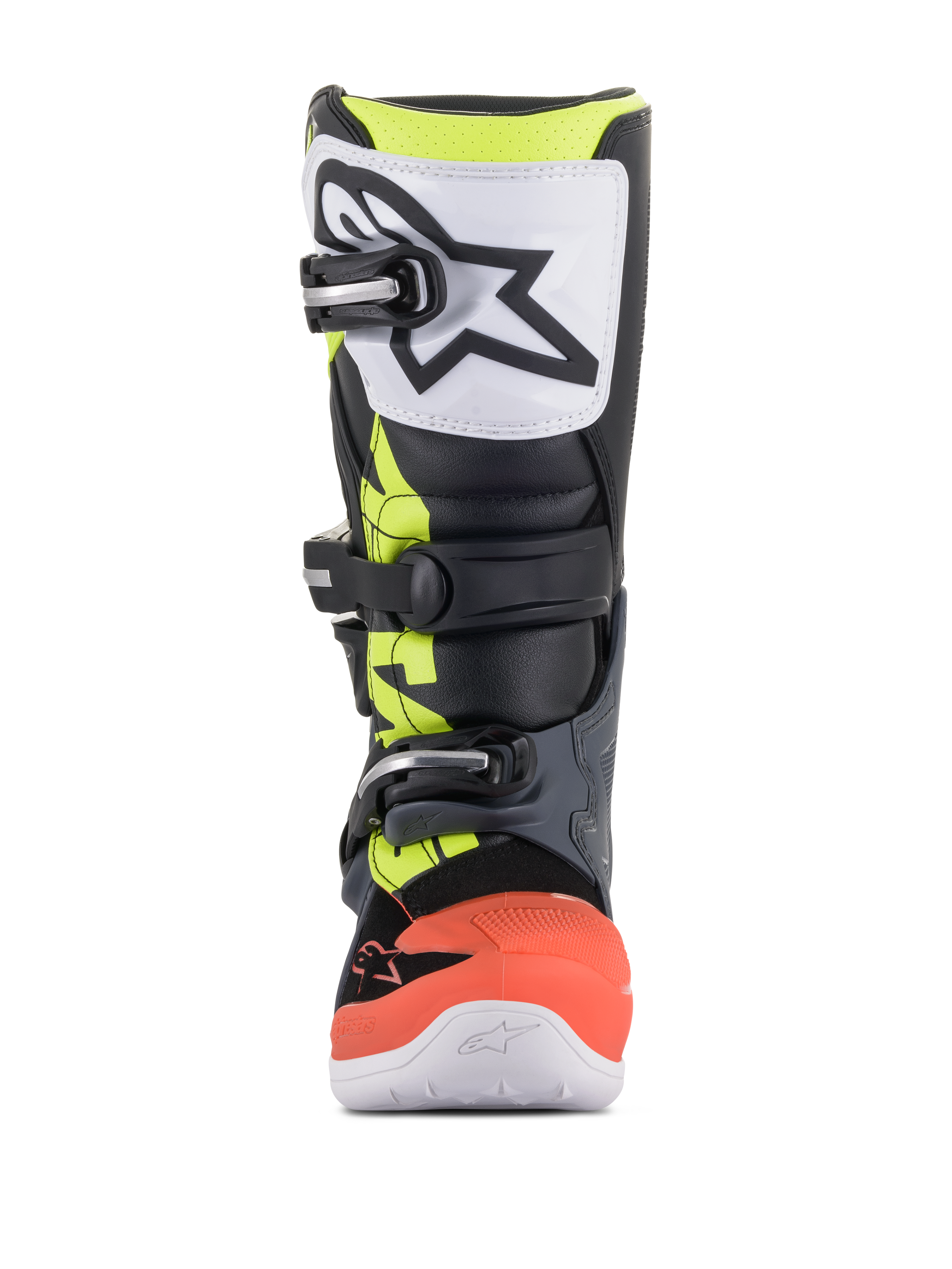 Botas Alpinestars Youth Tech 7S, botas de motocross, gris oscuro, rojo y amarillo fluorescentes con detalles blancos, vista frontal con placa de espinilla de TPU blanca y logo negro, sistema de cierre de triple hebilla y construcción sintética duradera para jóvenes pilotos de off-road