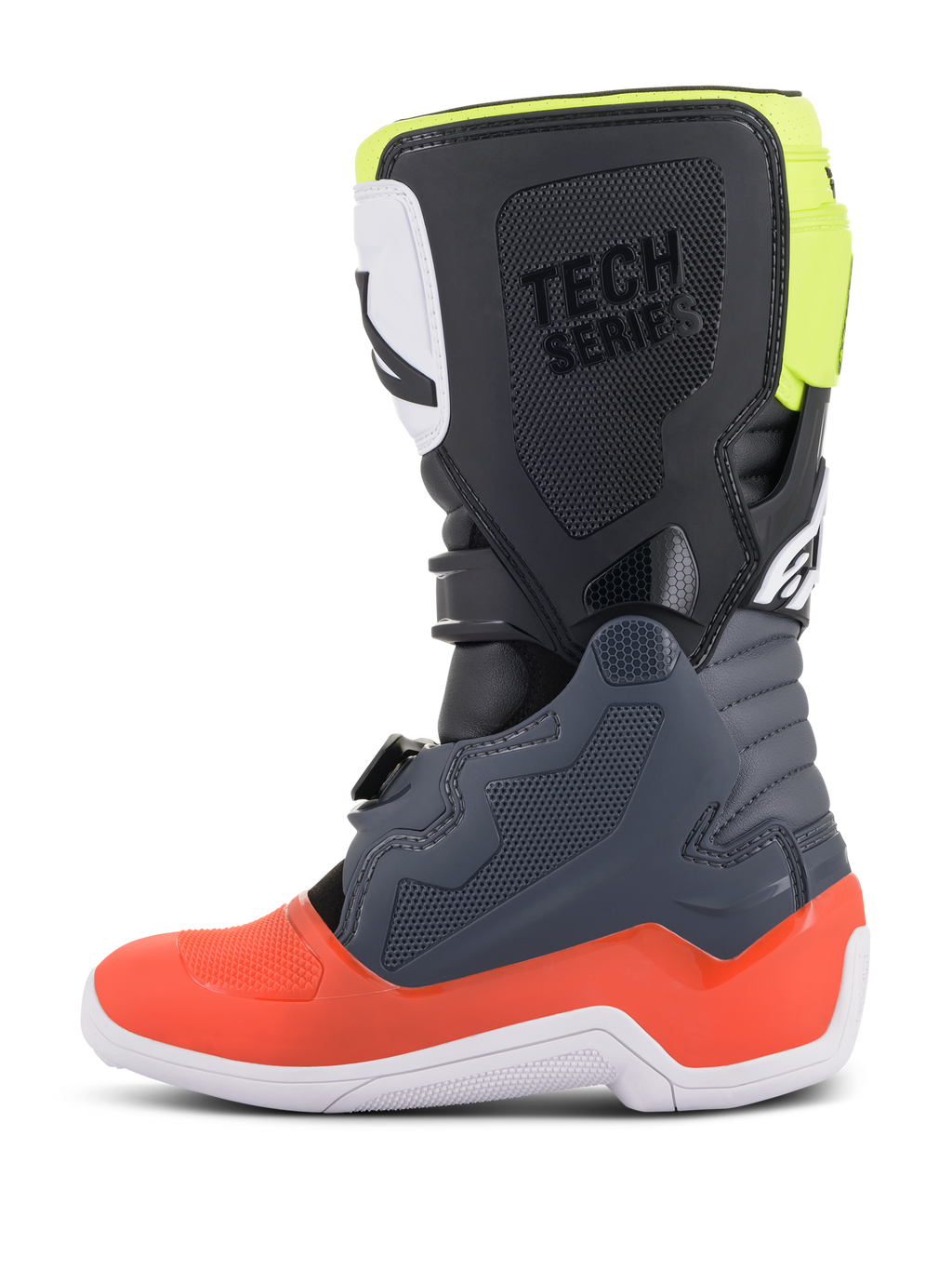 Botas Alpinestars Youth Tech 7S, botas de motocross, color gris oscuro con detalles en rojo y amarillo fluorescente, vista de perfil lateral, suela blanca, marca 'TECH SERIES' y paneles protectores de TPU duraderos.