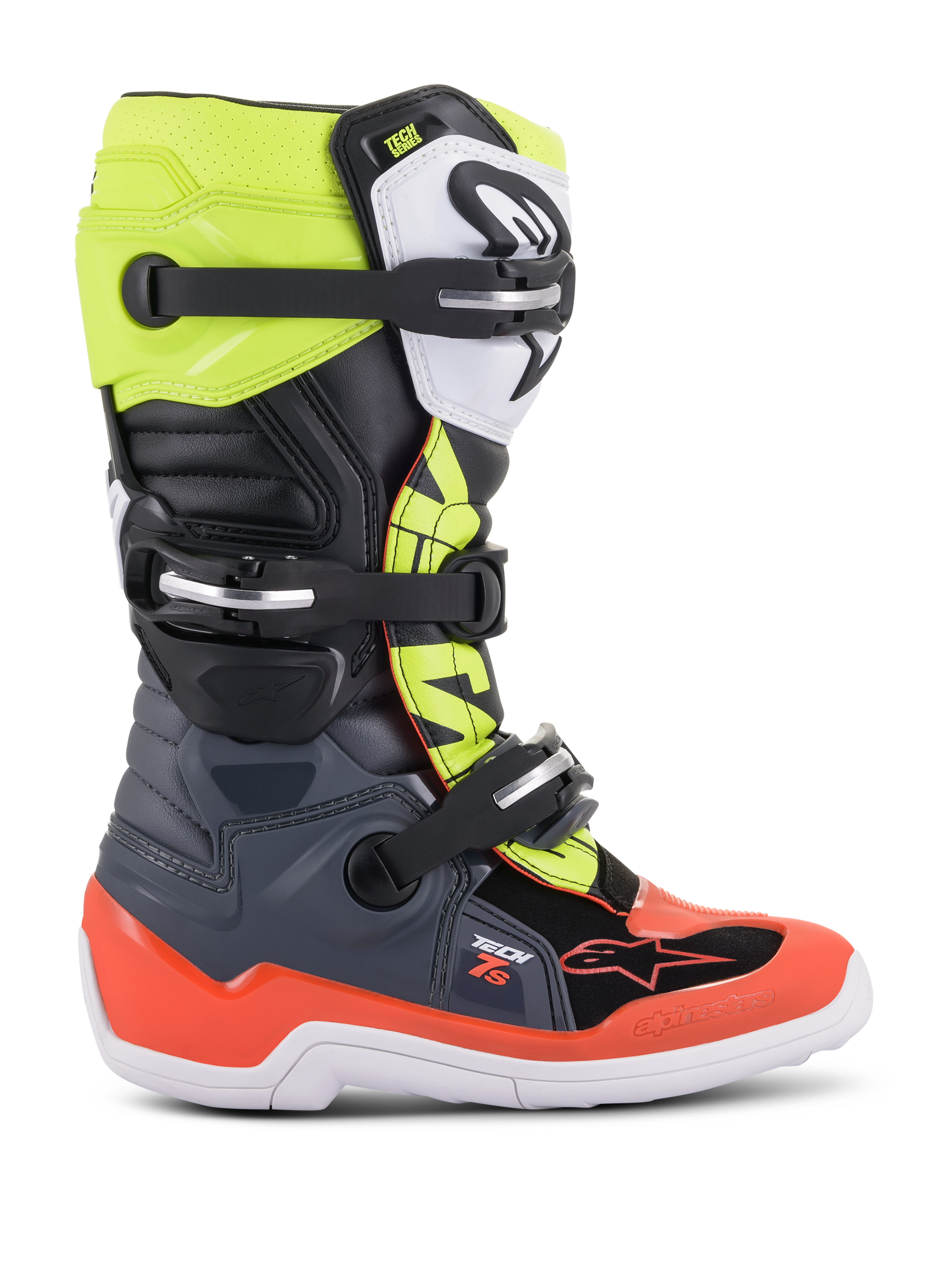 Botas Alpinestars Youth Tech 7S, botas de motocross y off-road, gris oscuro, rojo fluorescente y amarillo fluorescente, con suela blanca y múltiples cierres de hebilla, construcción robusta para pilotos junior