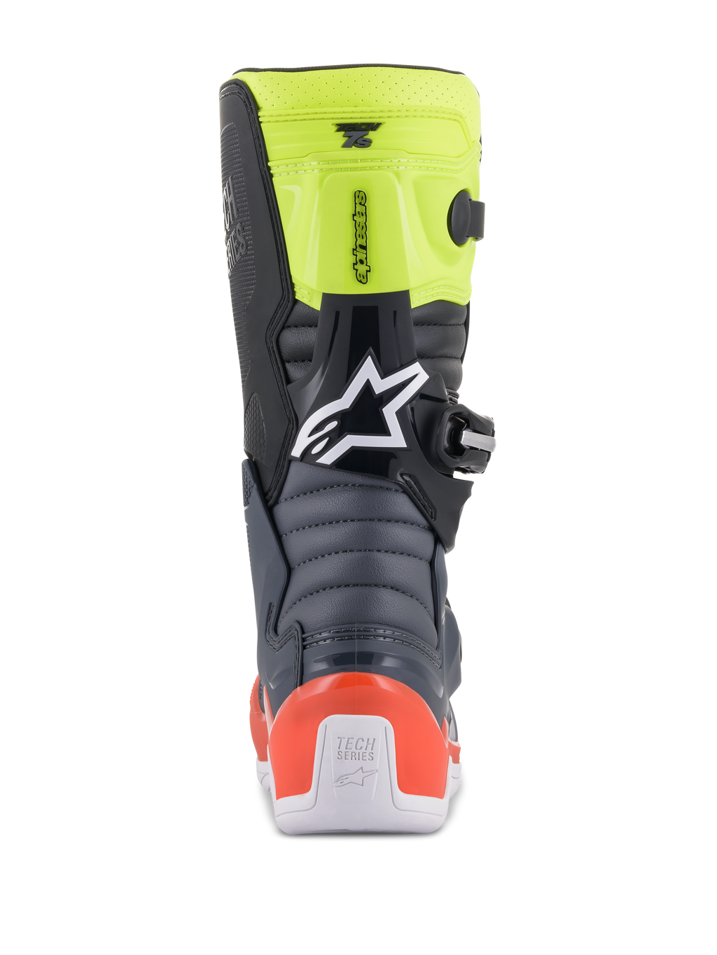 Botas Alpinestars Youth Tech 7S, botas de motocross para jóvenes, gris oscuro, rojo fluorescente y amarillo fluorescente, vista trasera con zonas de flexión de acordeón, protector de talón rojo y logotipo blanco de Alpinestars