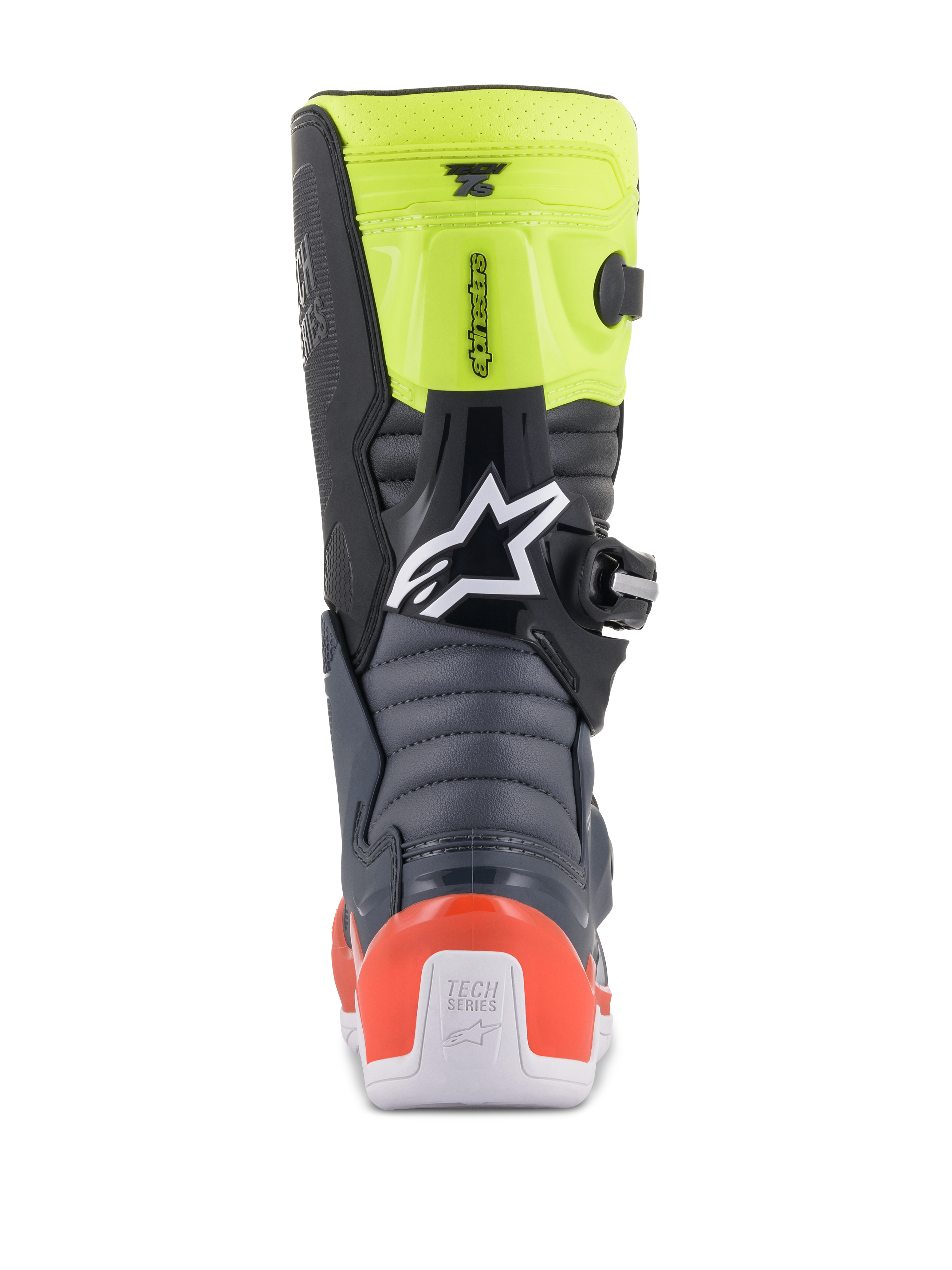 Botas Alpinestars Youth Tech 7S, botas de motocross para jóvenes, gris oscuro, rojo fluorescente y amarillo fluorescente, vista trasera con zonas de flexión de acordeón, protector de talón rojo y logotipo blanco de Alpinestars