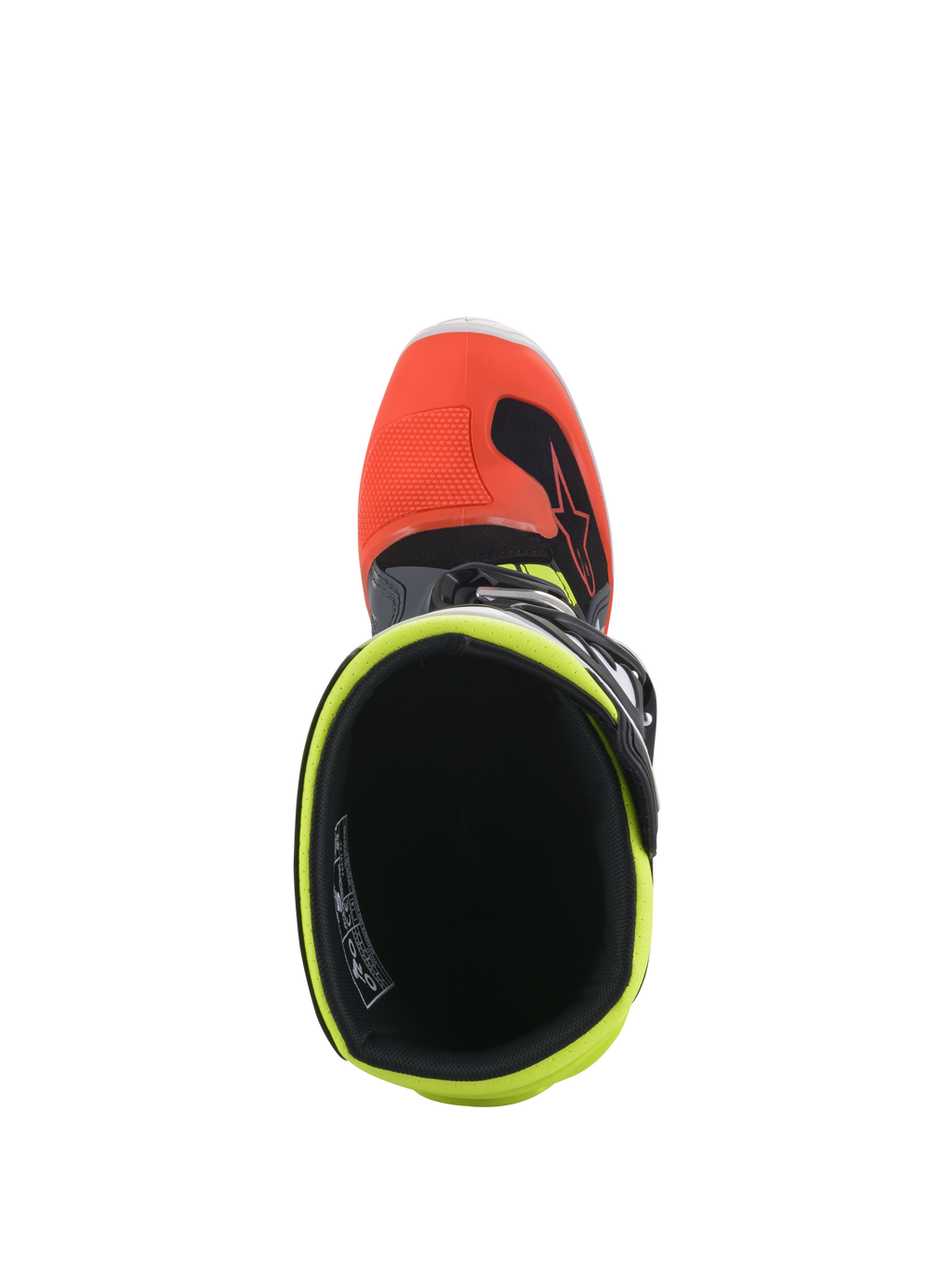 Botas Alpinestars Youth Tech 7S, botas de motocross, gris oscuro con detalles en rojo y amarillo fluorescente, vista superior que muestra la abertura interior con forro amarillo fluorescente y puntera roja, diseñadas para carreras off-road juveniles