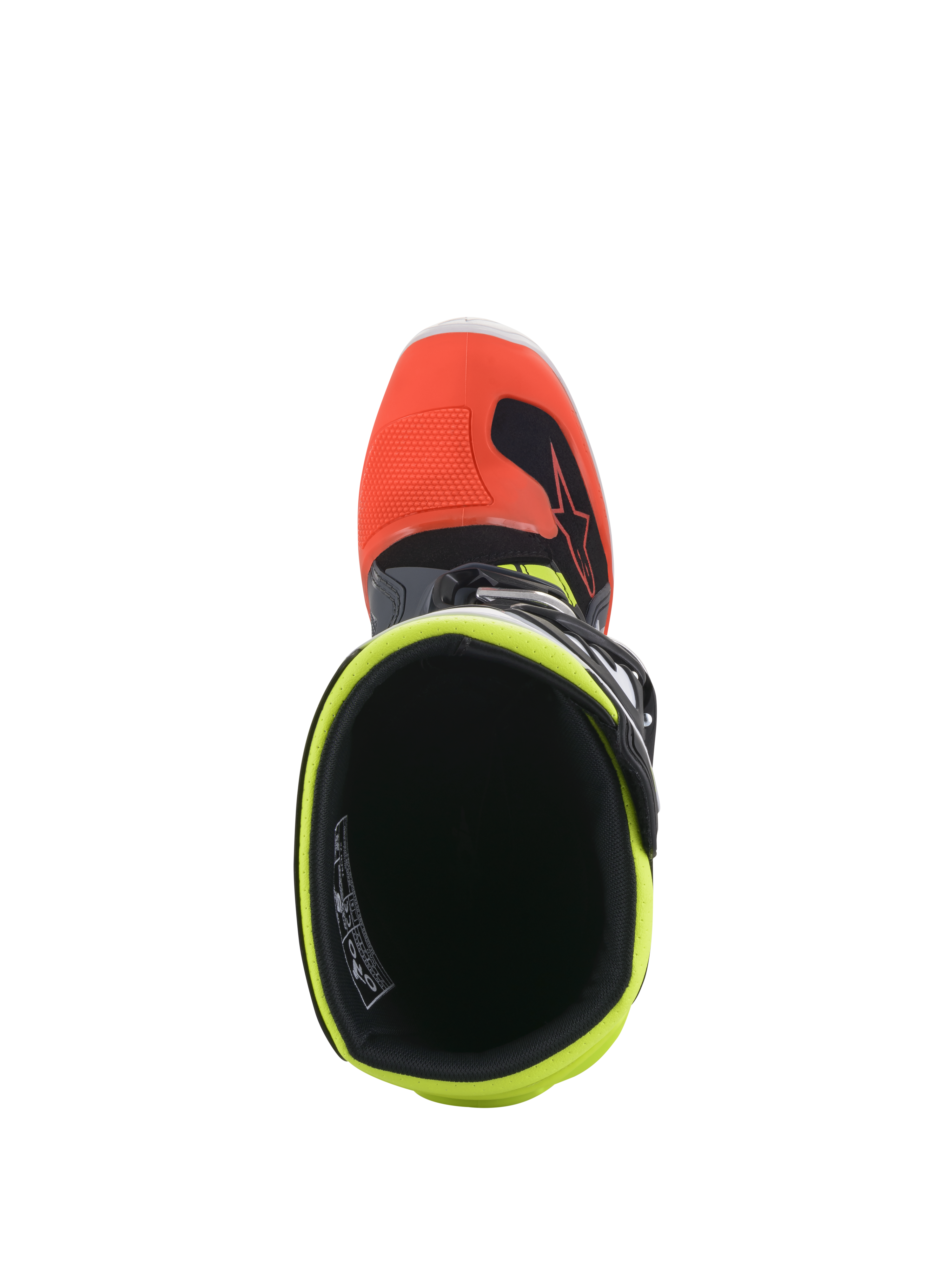 Botas Alpinestars Youth Tech 7S, botas de motocross, gris oscuro con detalles en rojo y amarillo fluorescente, vista superior que muestra la abertura interior con forro amarillo fluorescente y puntera roja, diseñadas para carreras off-road juveniles