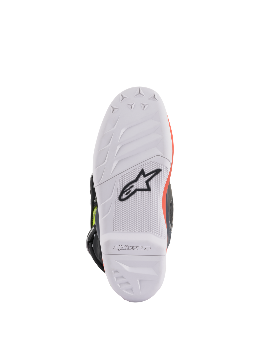 Botas Alpinestars Youth Tech 7S, botas de motocross, gris oscuro, rojo fluorescente y amarillo fluorescente, vista de la suela que muestra la suela de goma blanca de alto agarre con el logotipo de Astars en negro, construcción duradera para conducción todoterreno