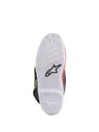 Botas Alpinestars Youth Tech 7S, botas de motocross, gris oscuro, rojo fluorescente y amarillo fluorescente, vista de la suela que muestra la suela de goma blanca de alto agarre con el logotipo de Astars en negro, construcción duradera para conducción todoterreno