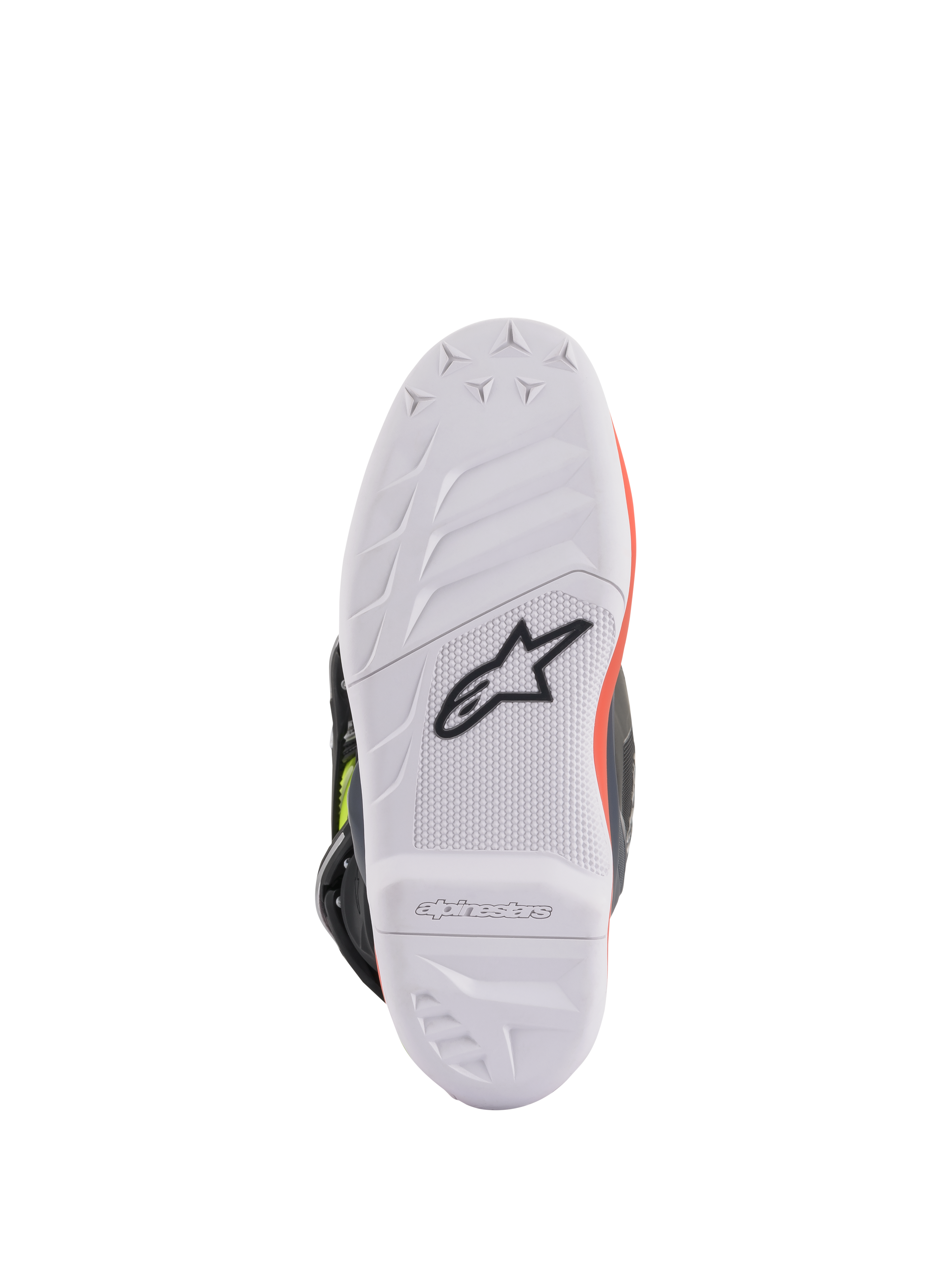 Botas Alpinestars Youth Tech 7S, botas de motocross, gris oscuro, rojo fluorescente y amarillo fluorescente, vista de la suela que muestra la suela de goma blanca de alto agarre con el logotipo de Astars en negro, construcción duradera para conducción todoterreno