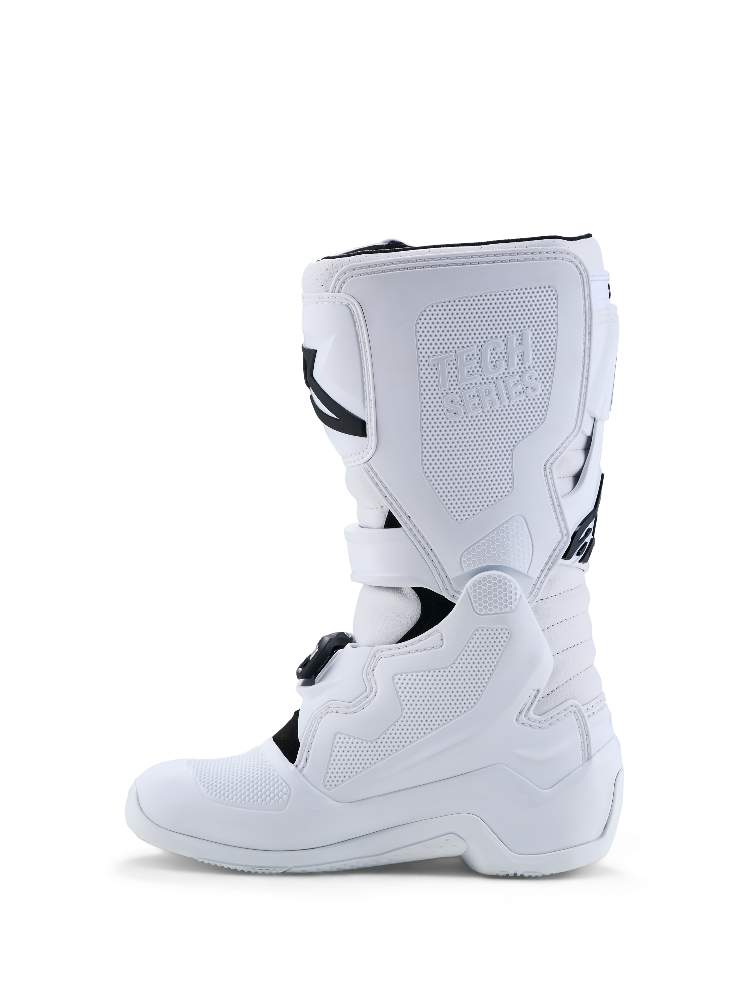 Botas Alpinestars Tech 7S Juvenil, botas de motocross blancas con protección de espinilla en TPU y cierres de hebilla