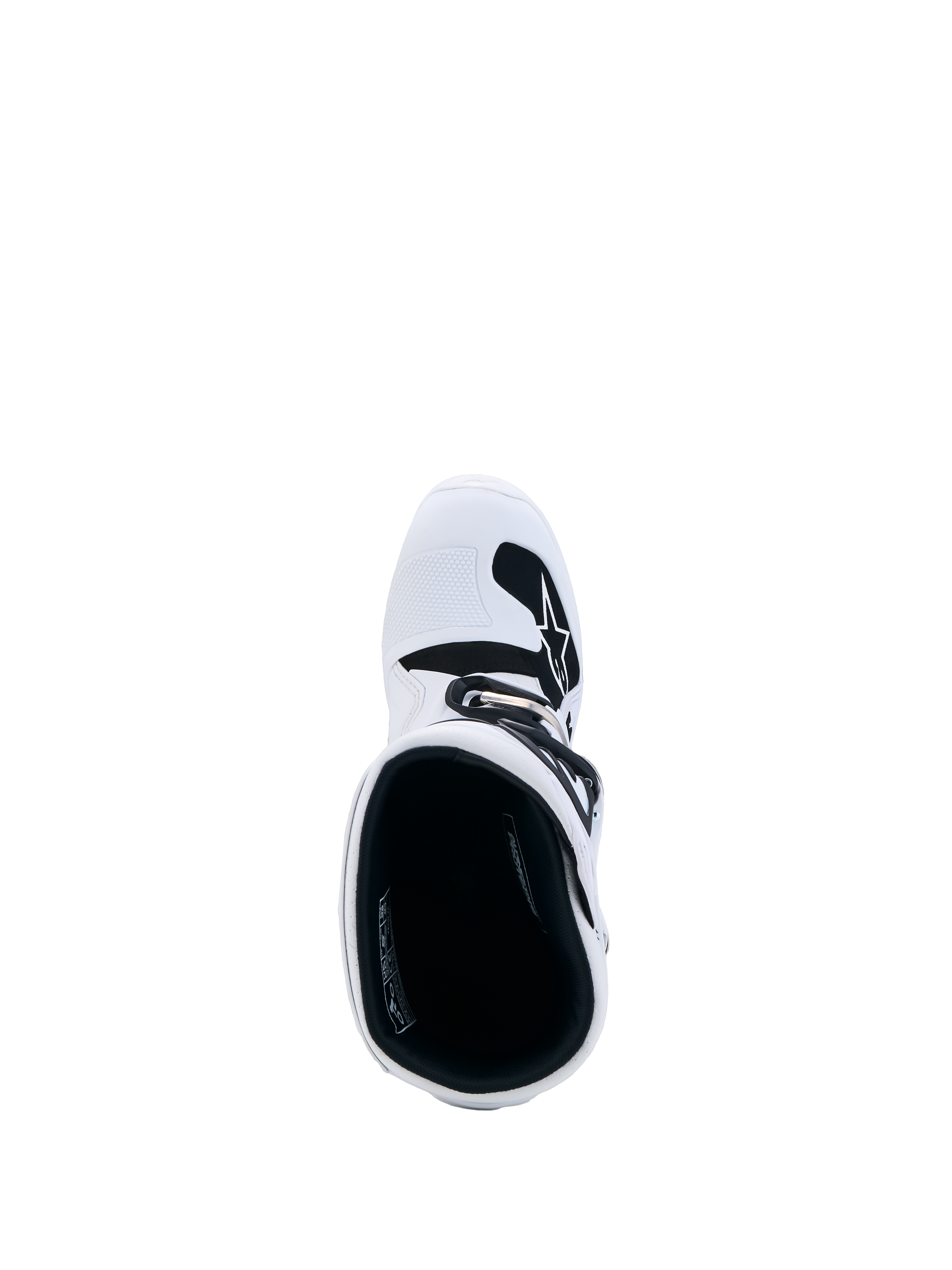 Alpinestars Botas Juvenil Tech 7S, botas de motocross blancas y negras, vista superior con interior acolchado y placa de TPU blanca.