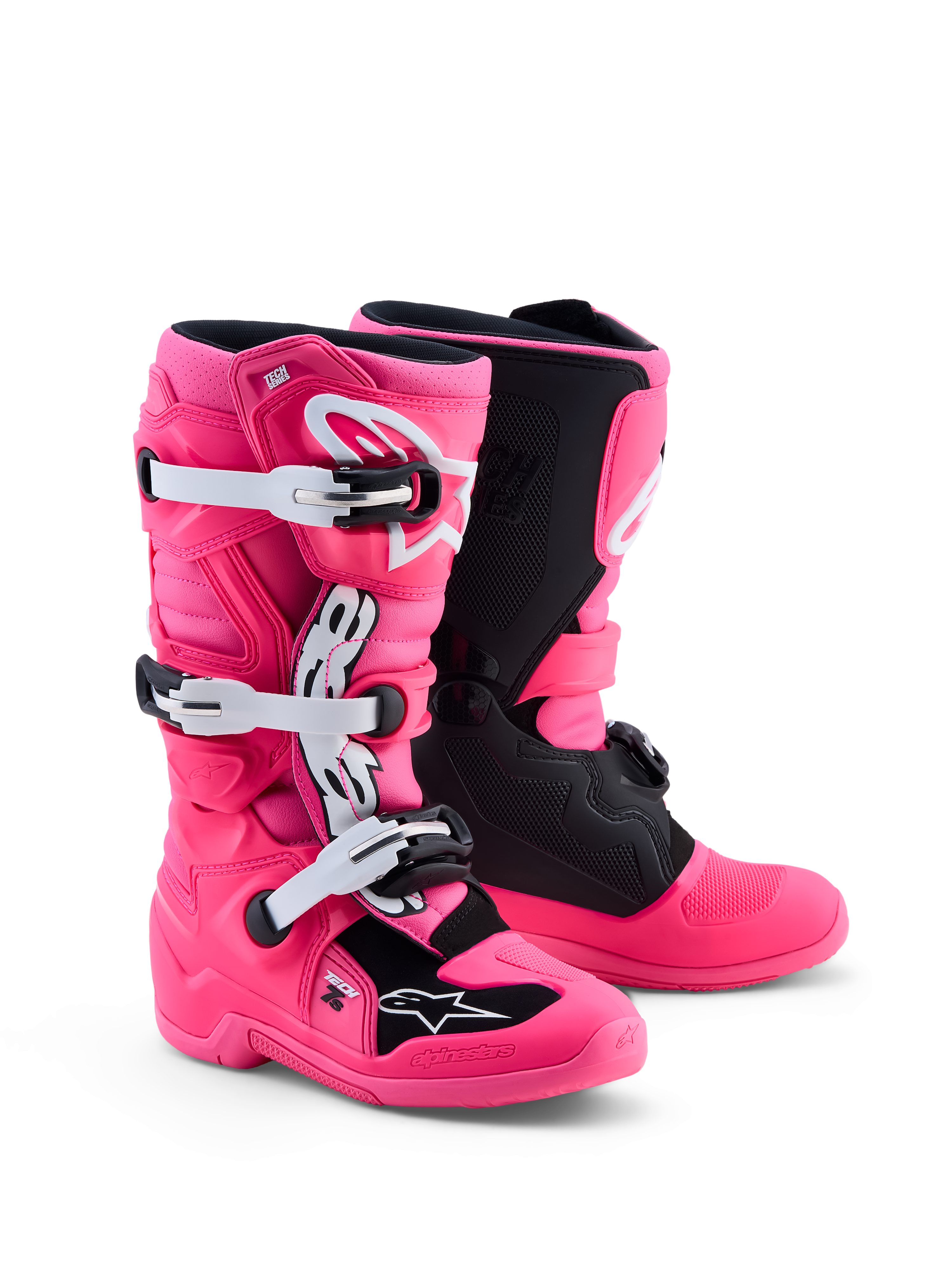 Alpinestars Tech 7S, botas de motocross juvenil, rosa flúor, negro y blanco, protección de TPU y certificación CE