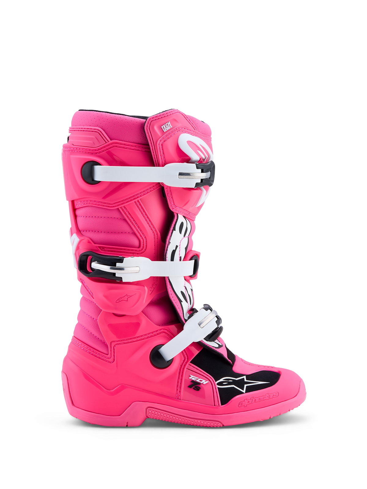 Alpinestars Tech 7S Juvenil, botas de motocross en rosa flúor y negro, hebillas blancas y protección resistente de TPU